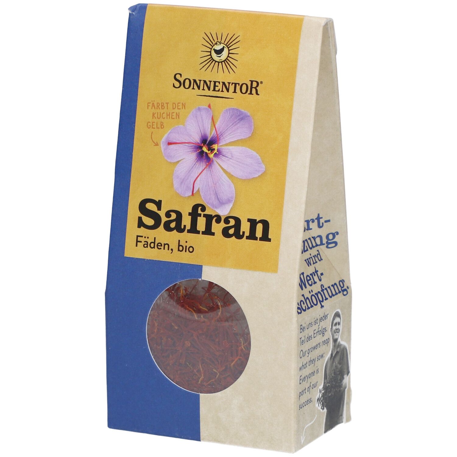 Sonnentor Safranfäden, bio. Verpackung mit Sichtfenster. Aufdruck mit Blüte und Schriftzug Safran.