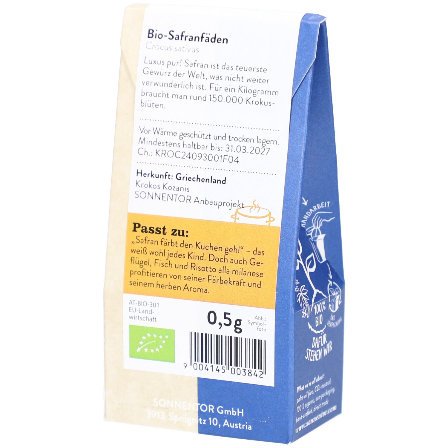 Rückseite der Sonnentor Safranfäden Verpackung. Text mit Informationen zu Herkunft, Haltbarkeit und Inhaltsstoffen.