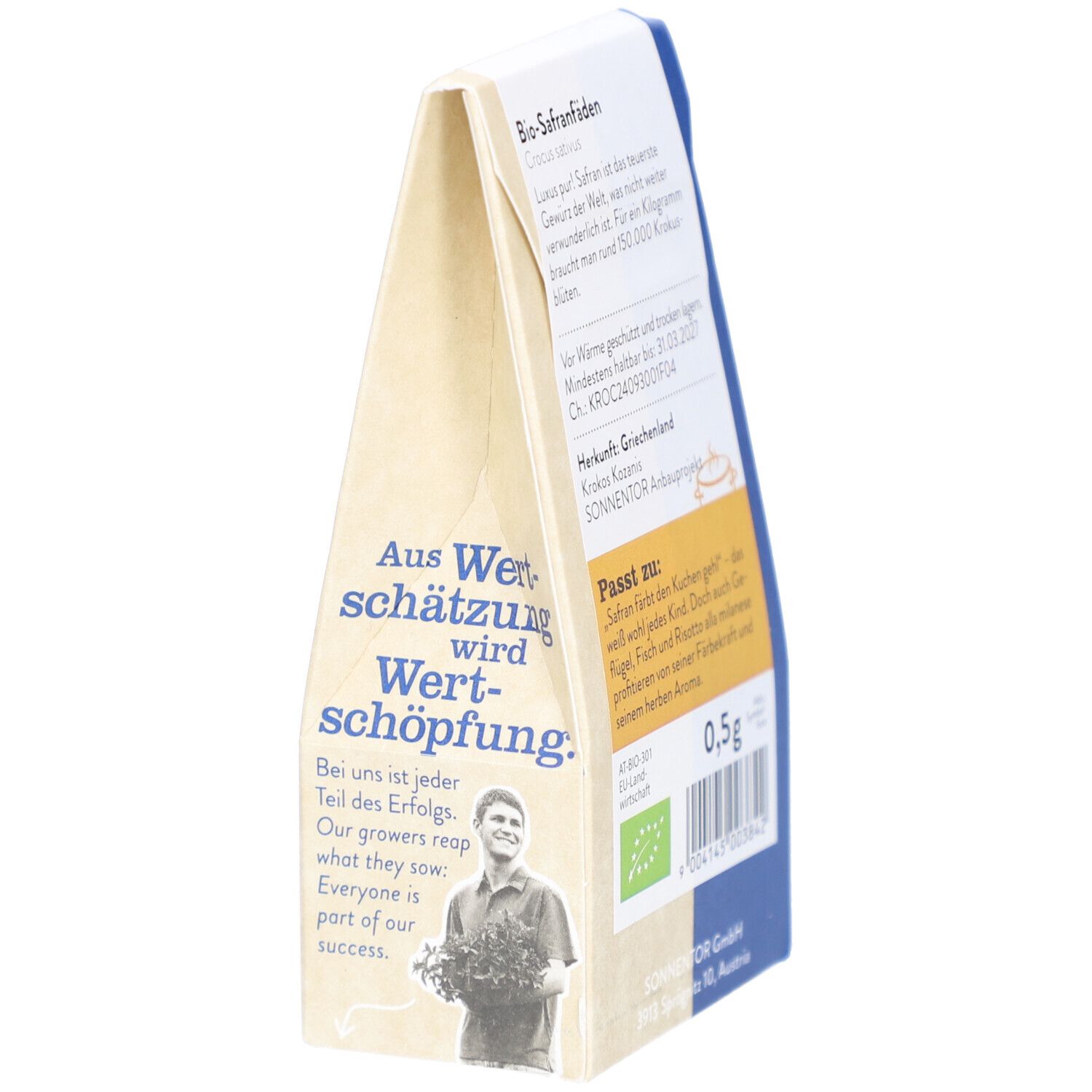 Sonnentor Safranfäden Verpackung, Seitenansicht. Text mit Informationen zu Herkunft, Haltbarkeit und Inhaltsstoffen.