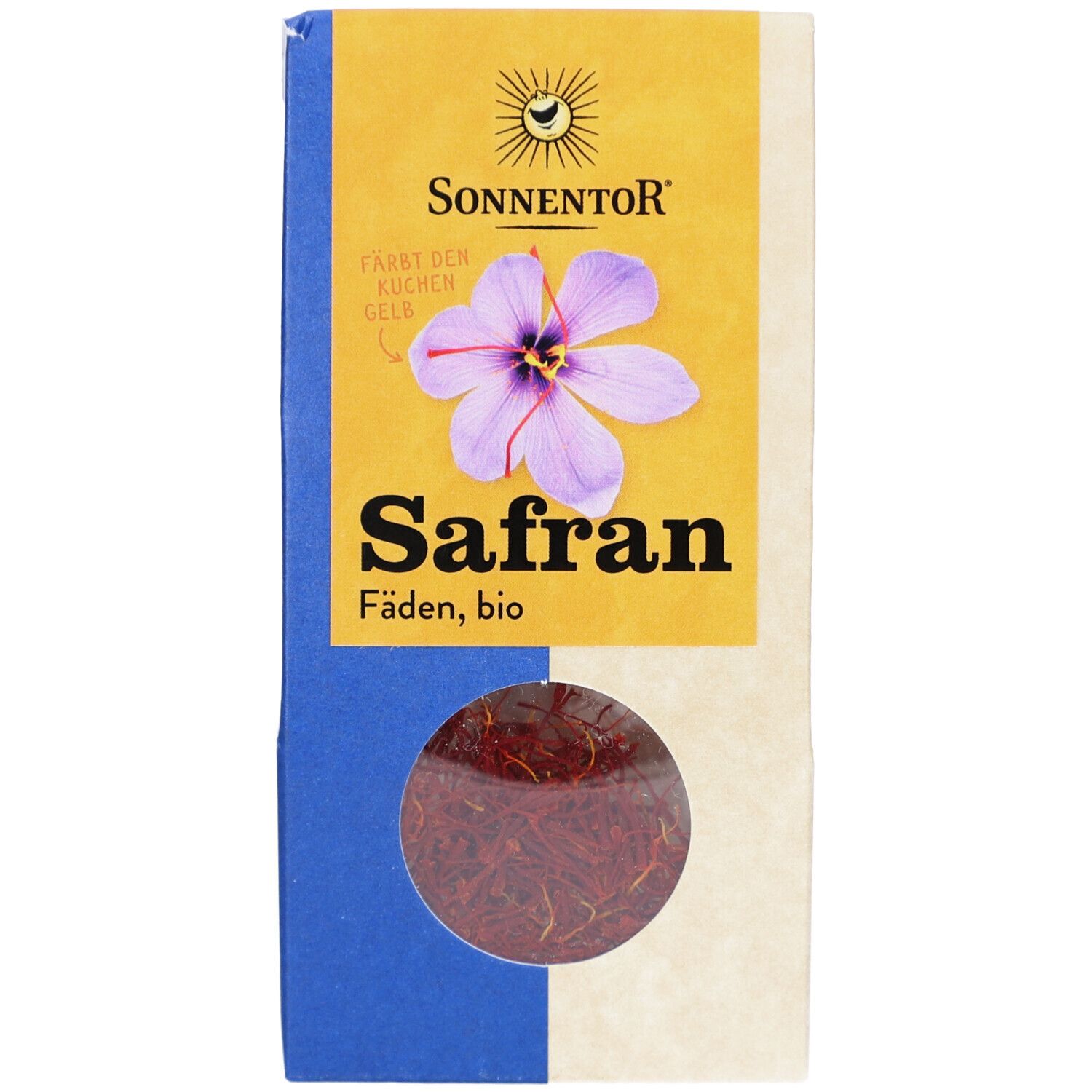 Sonnentor Safranfäden, bio. Verpackung mit Sichtfenster. Aufdruck mit Blüte und Schriftzug Safran.