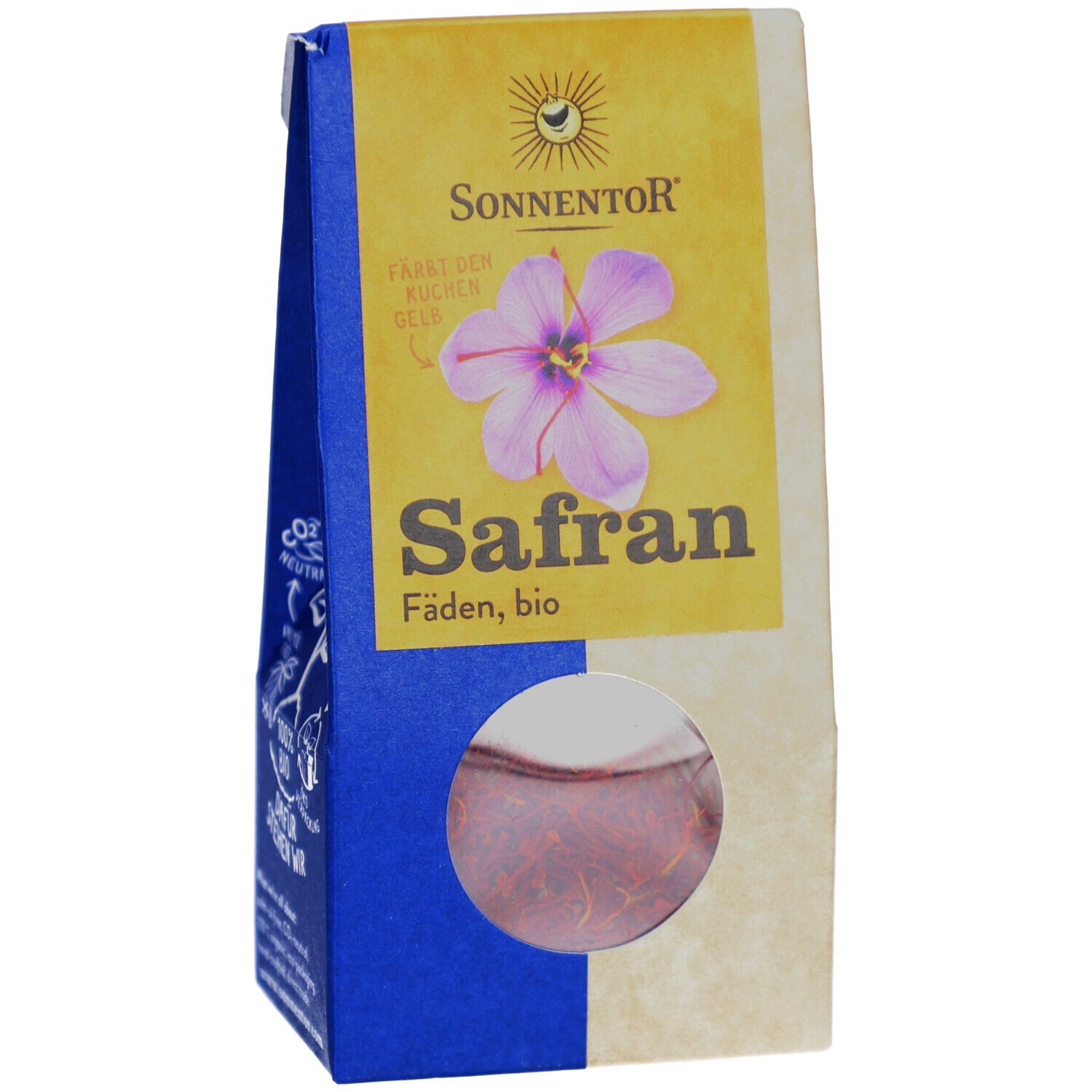 Sonnentor Safranfäden, bio. Verpackung mit Sichtfenster. Gelbes Logo mit Blume. Blaue und beige Verpackung.