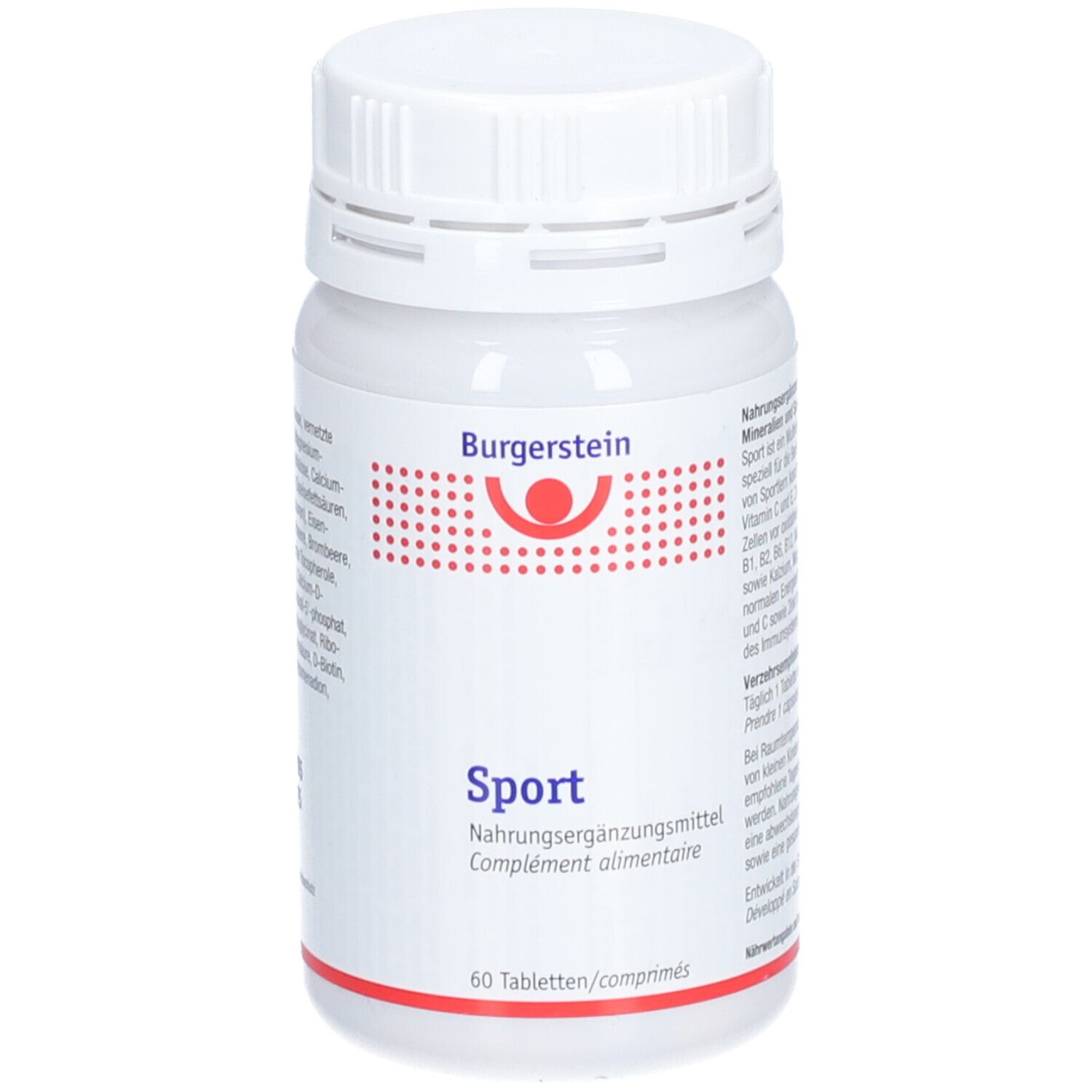 Weiße Flasche mit Burgerstein Sport Tabletten. Aufschrift: Sport, Nahrungsergänzungsmittel, 60 Tabletten. Roter Kreis mit Logo.