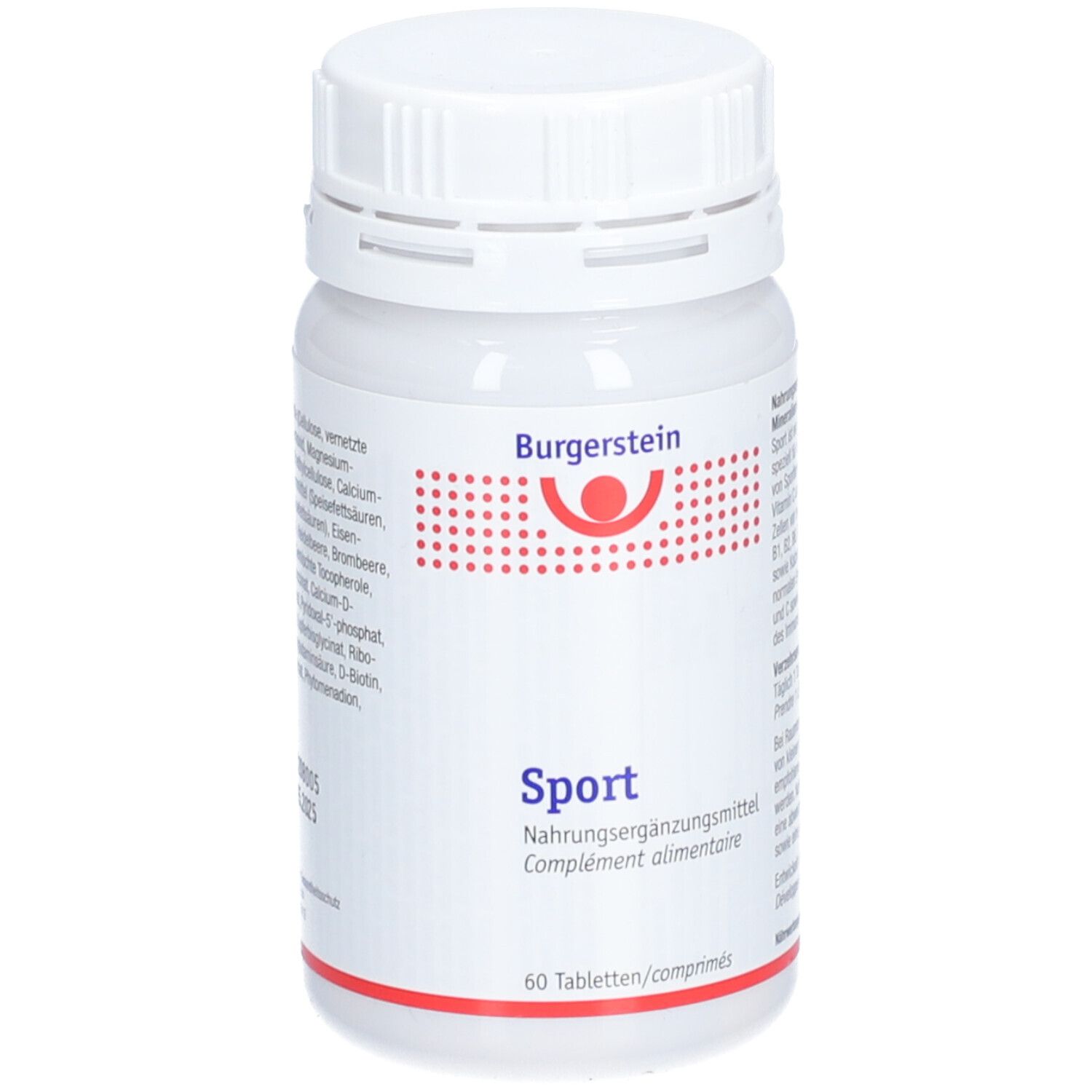 Weiße Flasche mit Burgerstein Sport Tabletten. Aufschrift: Sport, Nahrungsergänzungsmittel, 60 Tabletten. Roter Kreis mit Logo.