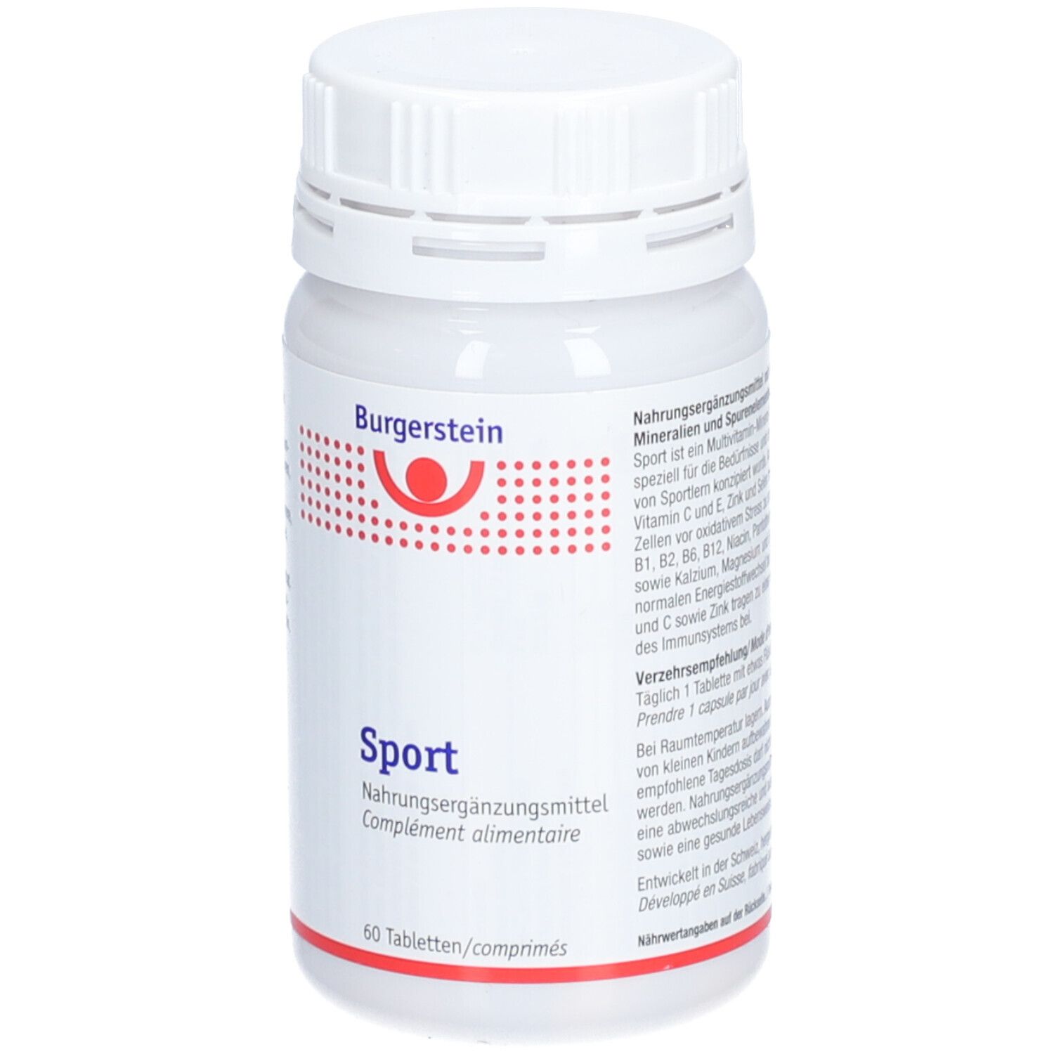 Weiße Flasche mit Burgerstein Sport Tabletten. Aufschrift: Sport, Nahrungsergänzungsmittel, 60 Tabletten. Roter Kreis mit Logo.