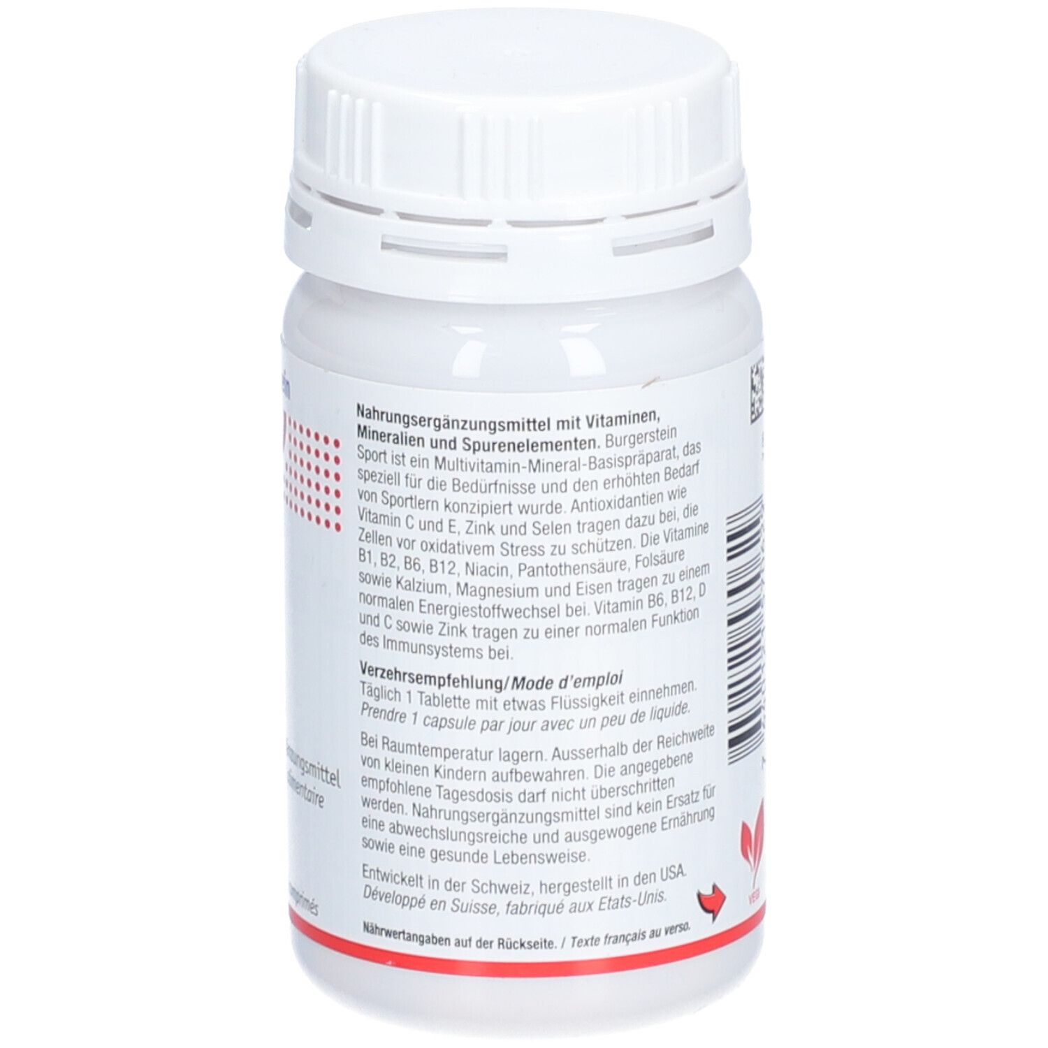 Rückseite der weißen Flasche mit Burgerstein Sport. Text über Vitamine, Mineralien und Spurenelemente. Rotes Logo.