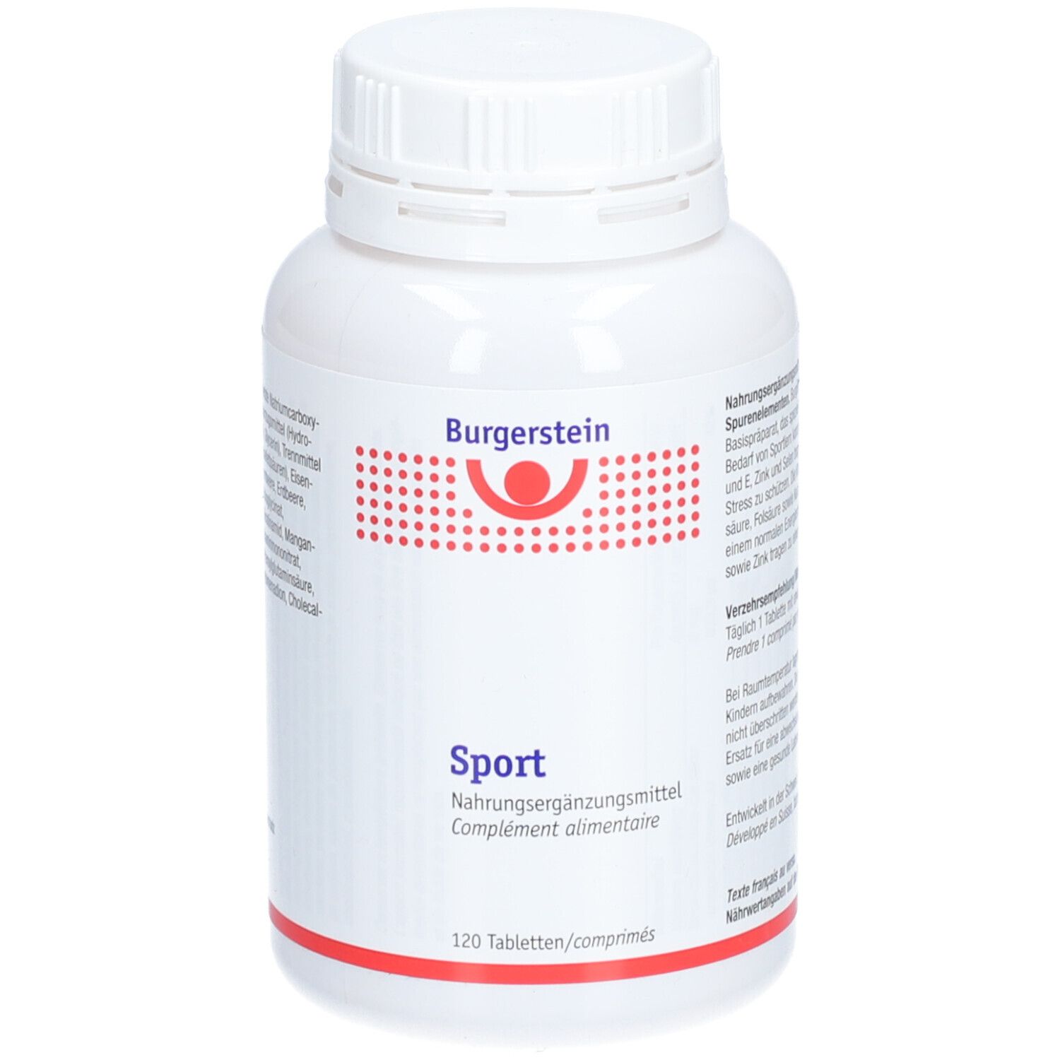 Weiße Flasche mit Schraubverschluss. Aufschrift Burgerstein, Sport, Nahrungsergänzungsmittel. 120 Tabletten.