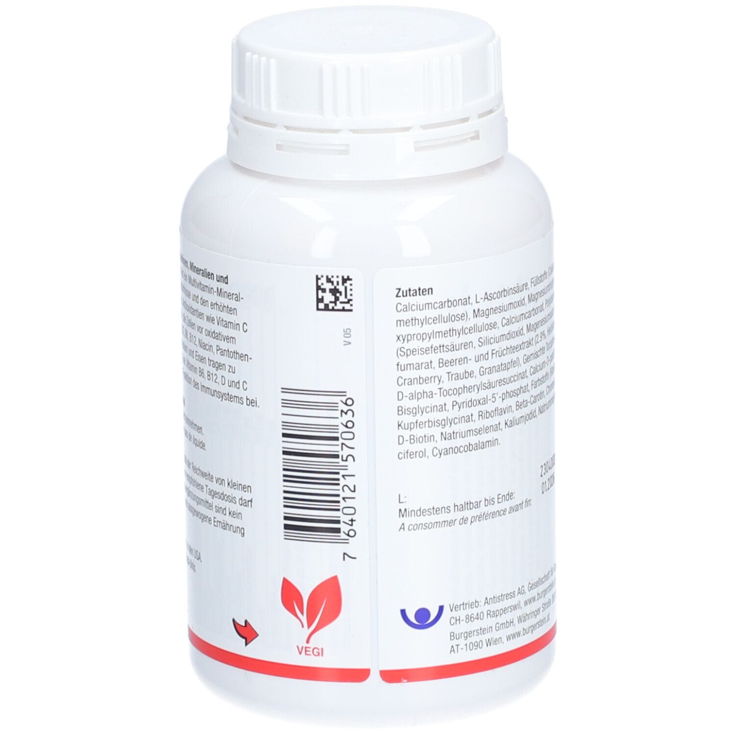 Rückseite der weißen Flasche. Auflistung der Inhaltsstoffe. Barcode. Vegi-Siegel. Herstellerangaben.