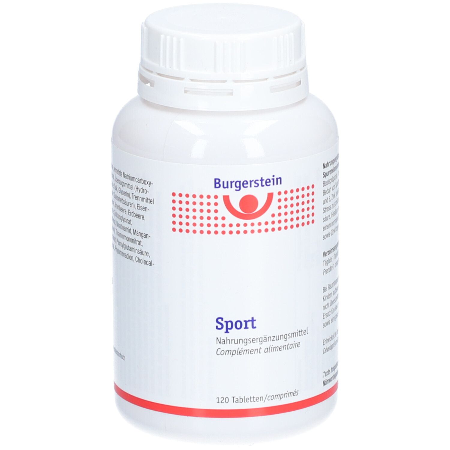 Weiße Flasche mit Schraubverschluss. Aufschrift Burgerstein, Sport, Nahrungsergänzungsmittel. 120 Tabletten.