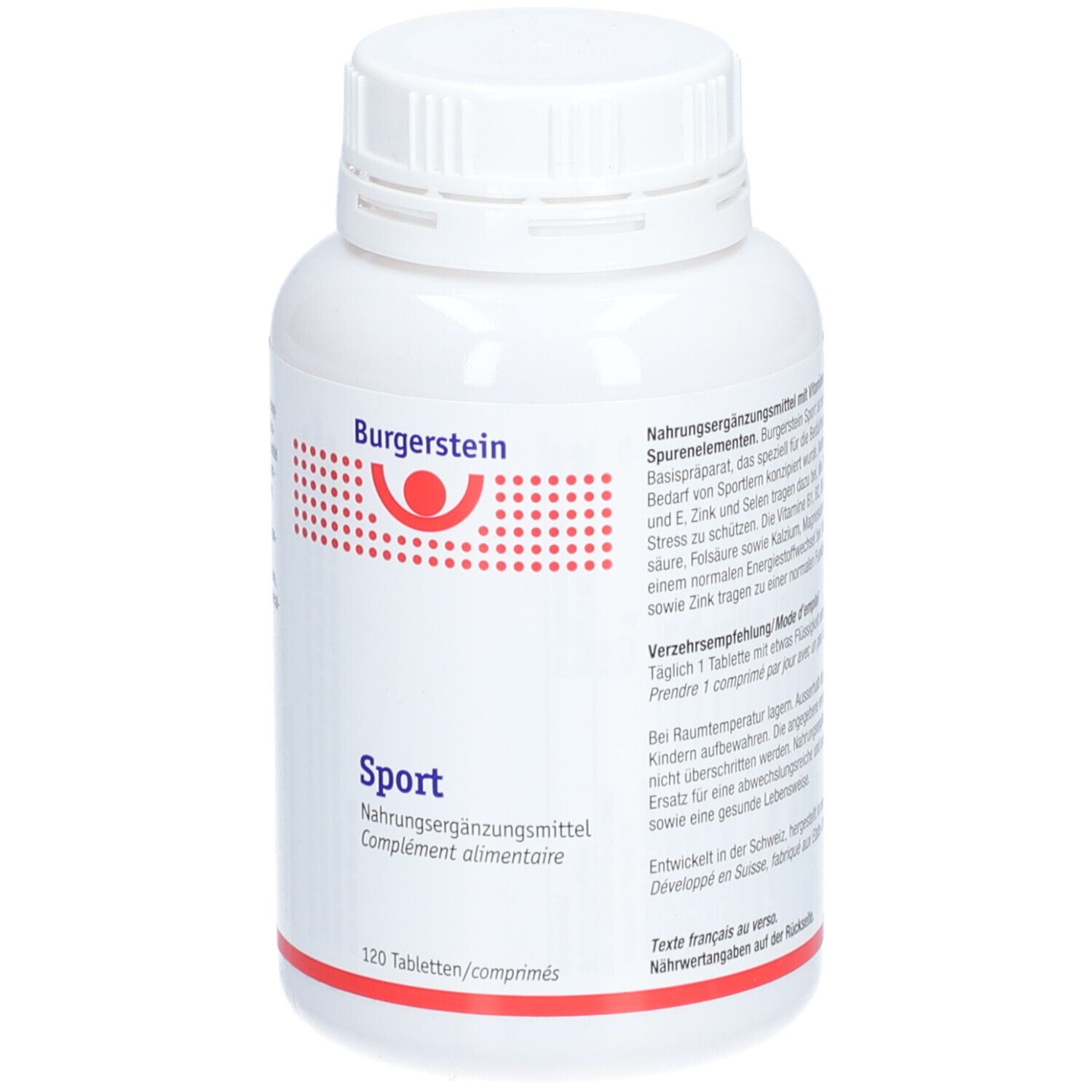 Weiße Flasche mit Schraubverschluss. Aufschrift Burgerstein, Sport, Nahrungsergänzungsmittel. 120 Tabletten. Text.