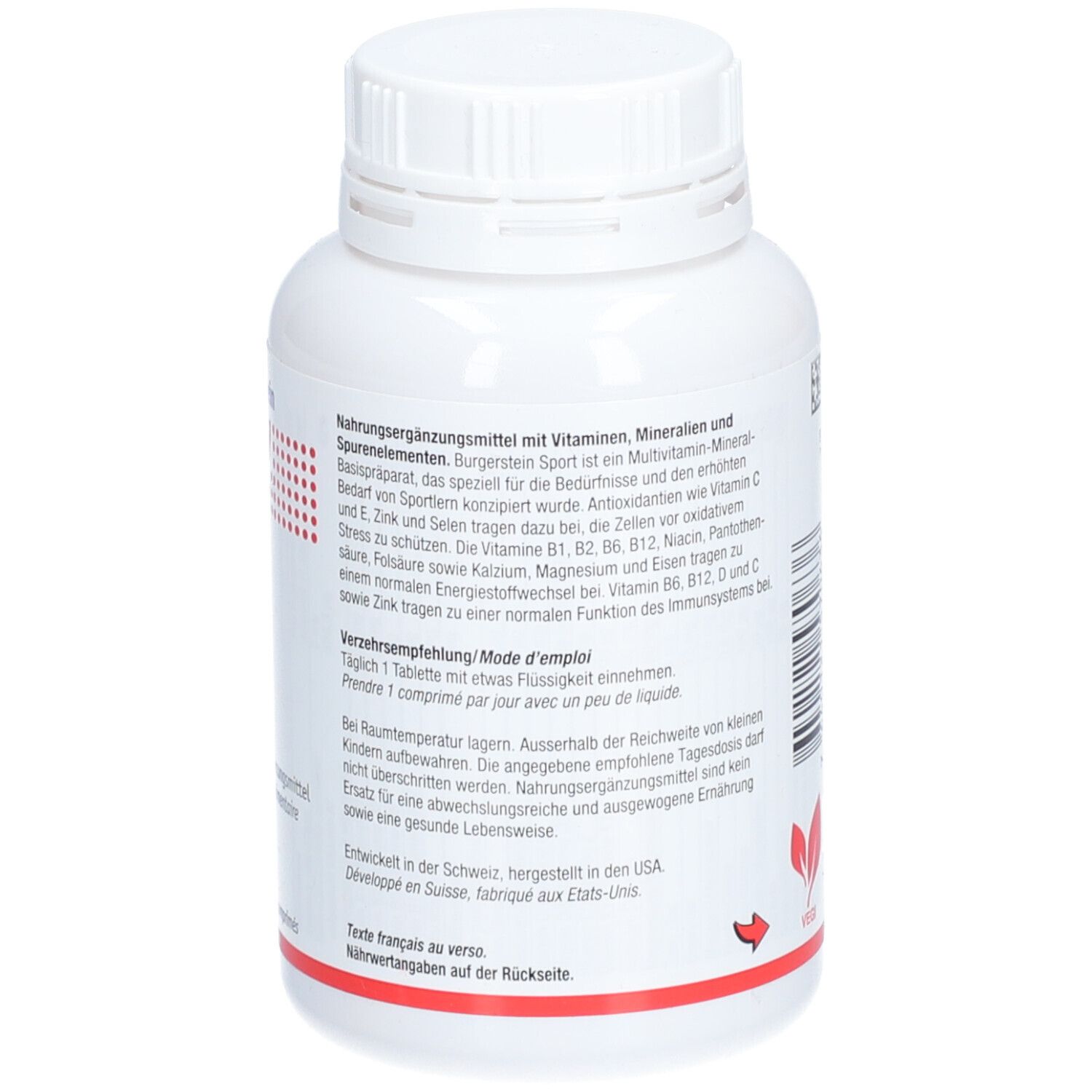 Rückseite der weißen Flasche. Text über Vitamine, Mineralien und Spurenelemente. Herstellerangaben. Vegi-Siegel.
