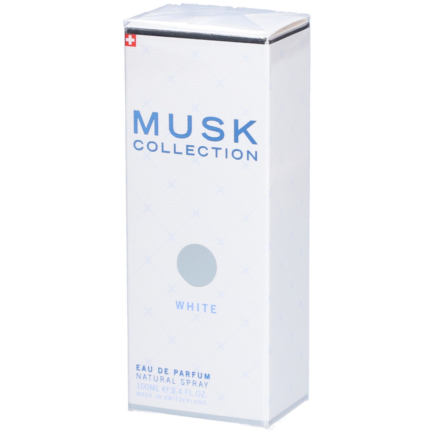 Weiße rechteckige Verpackung mit blauer Schrift: MUSK COLLECTION, darunter WHITE. Schweizer Kreuz. Eau de Parfum.