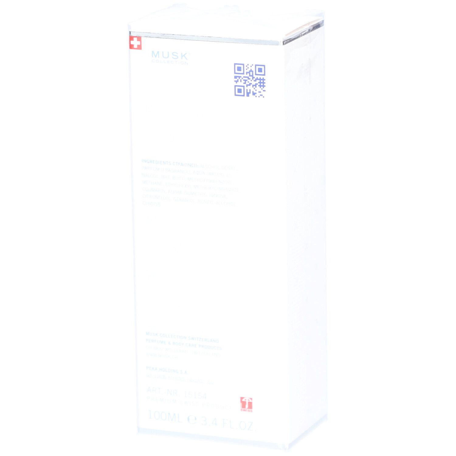 Weiße rechteckige Verpackung. Schweizer Kreuz. QR-Code. Text. Eau de Parfum. 100ml.