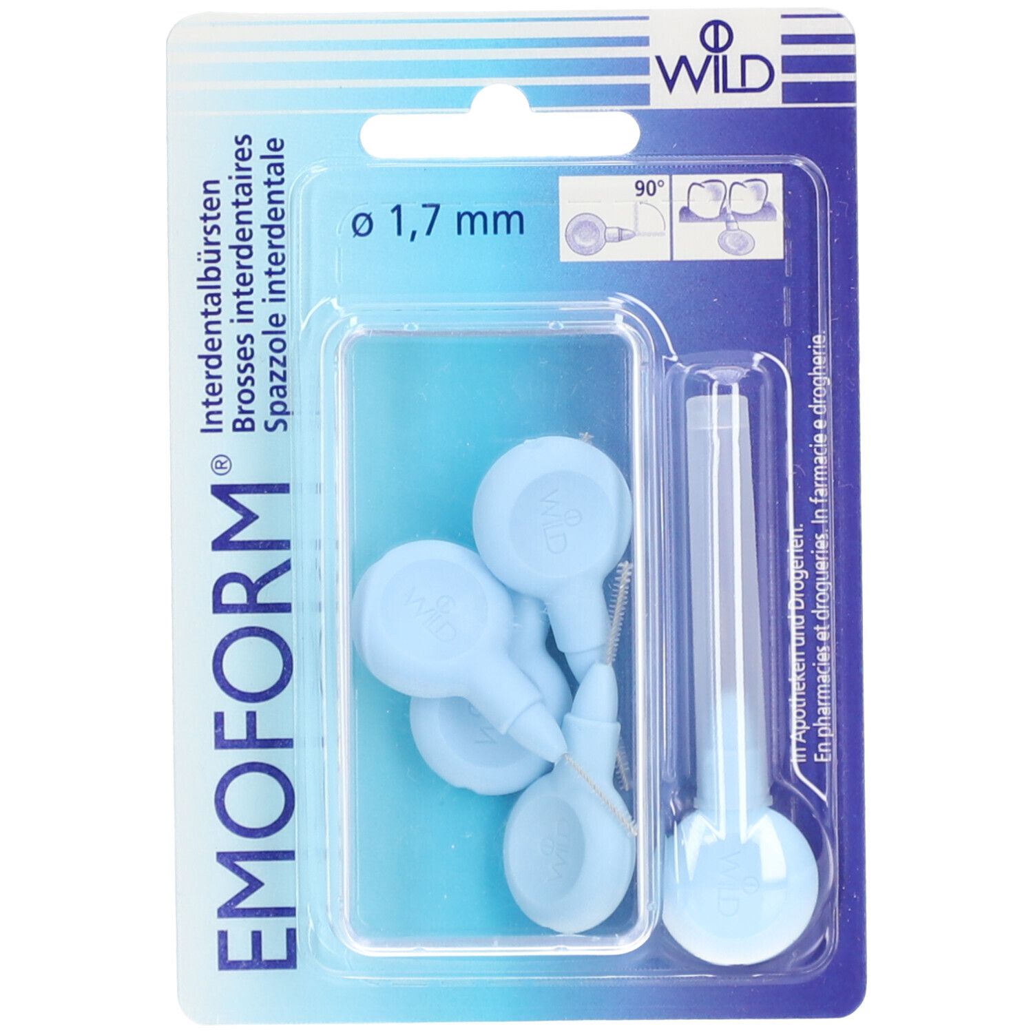 Blisterverpackung mit hellblauen Interdentalbürsten. Sichtbar: Bürstenköpfe, Halterung, Durchmesser 1,7 mm. EMOFORM®-Logo.