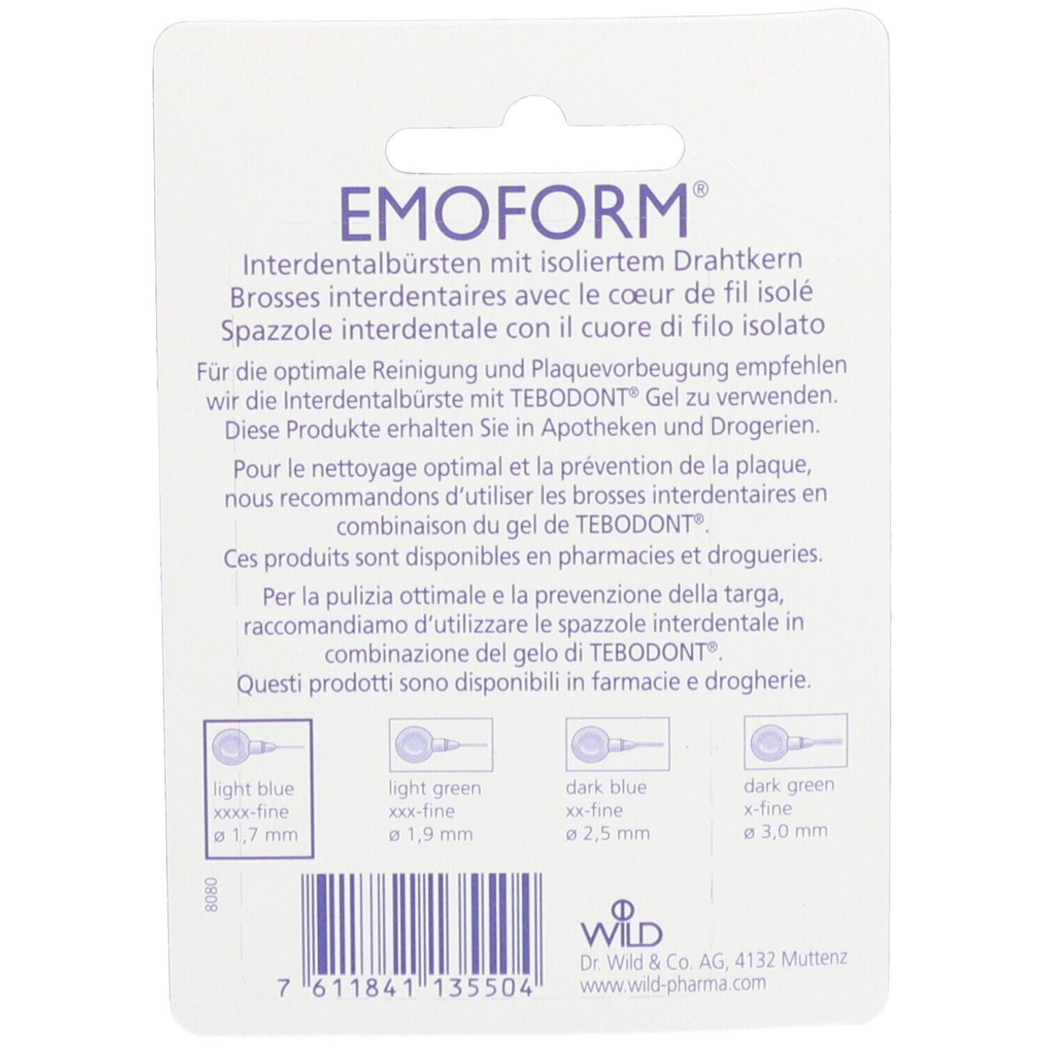 Rückseite der Verpackung mit Text. EMOFORM®-Logo. Produktinformationen in Deutsch, Französisch, Italienisch. Größenangaben.