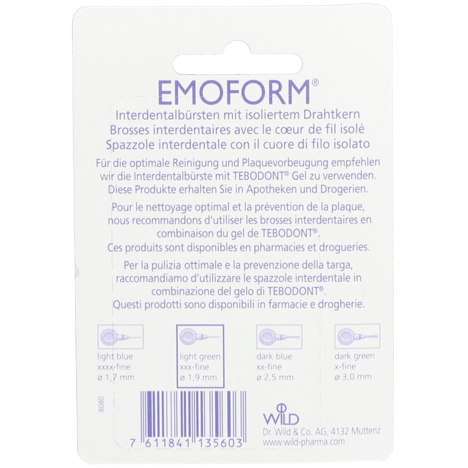 Rückseite der Verpackung mit Produktinformationen. Produktname: EMOFORM. Größenangaben und Farbcodes für Interdentalbürsten.