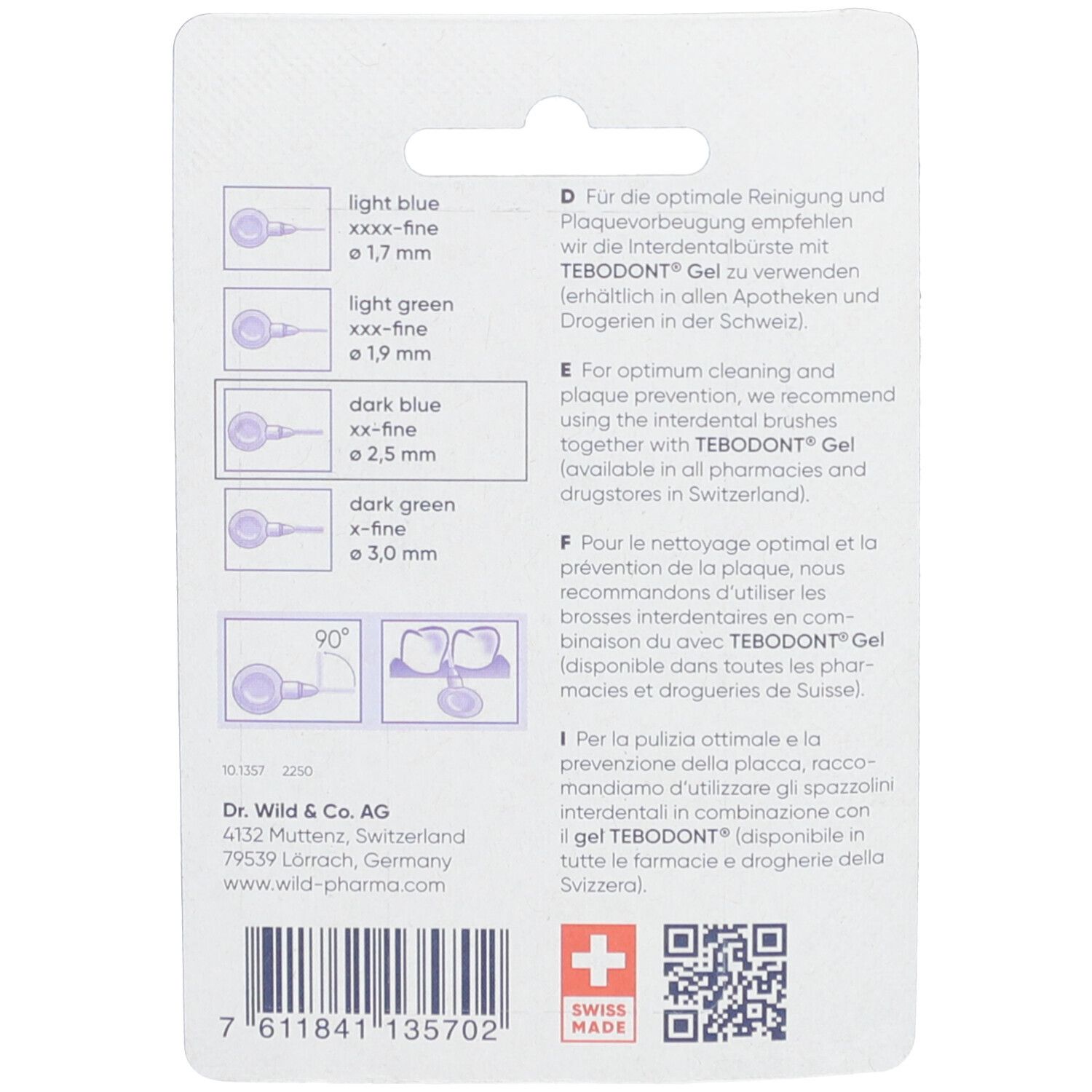 Rückseite der Verpackung. Informationen zu den Interdentalbürsten und Empfehlungen für die Verwendung.
