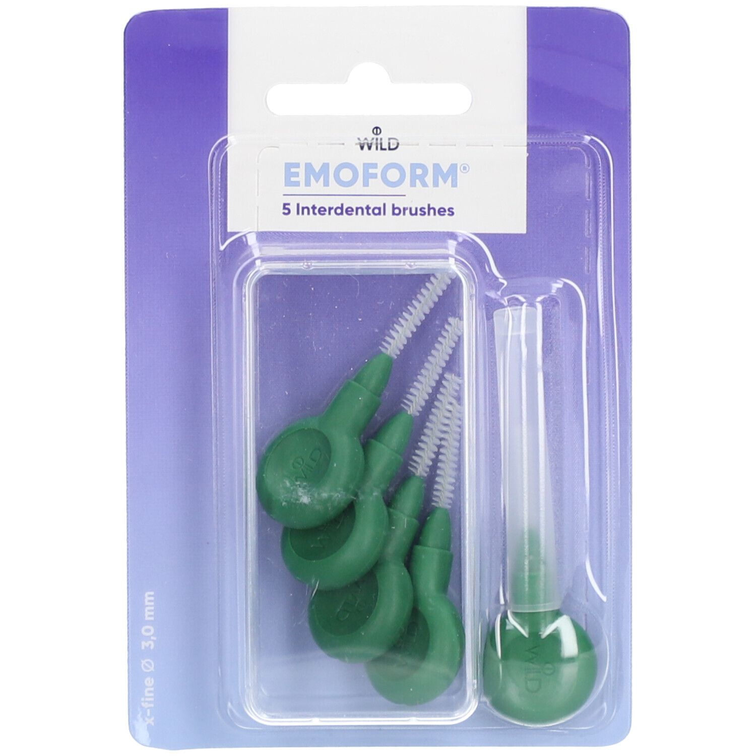 Verpackung mit 5 grünen Interdentalbürsten. Marke EMOFORM. 3,0 mm. Kunststoffverpackung.