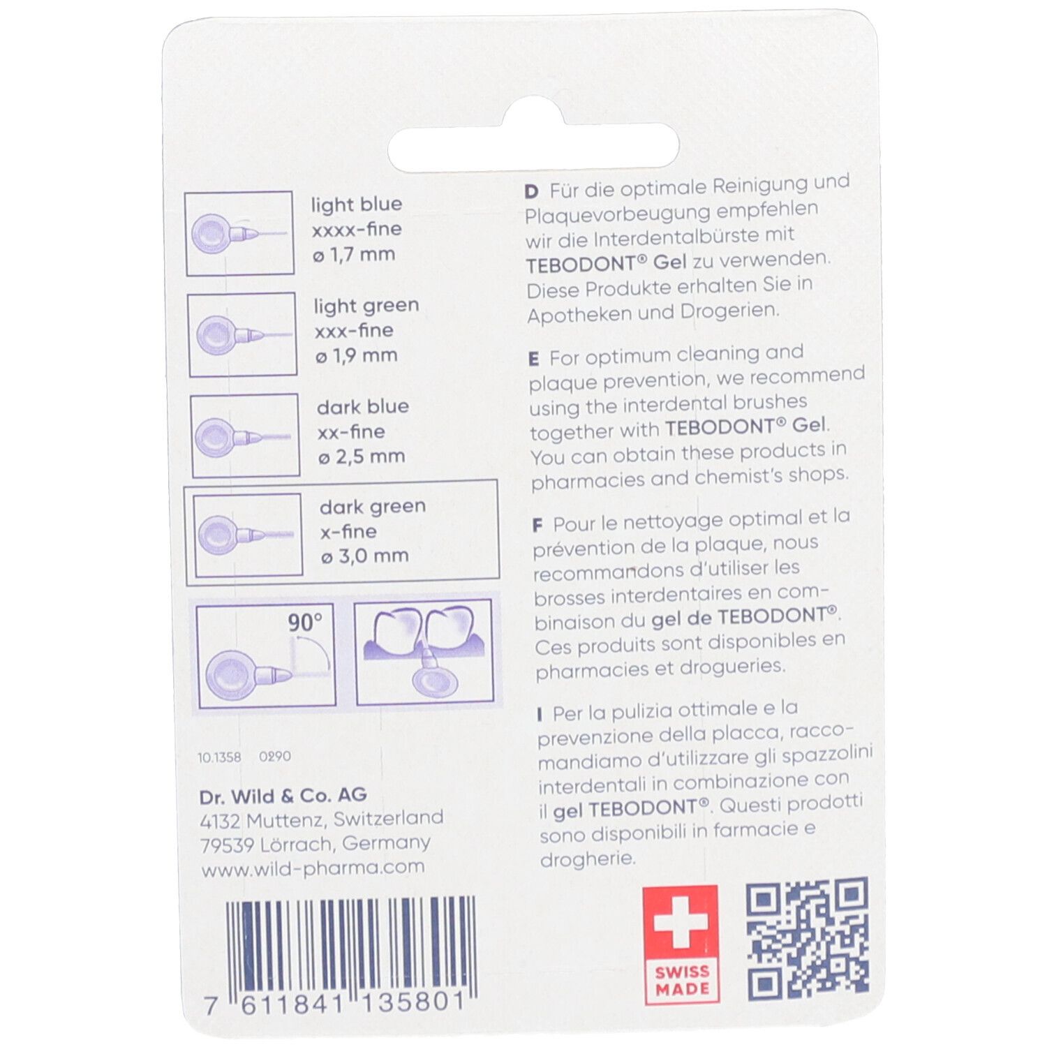 Rückseite der Verpackung. Textinformationen in Deutsch, Englisch, Französisch und Italienisch. Swiss Made.