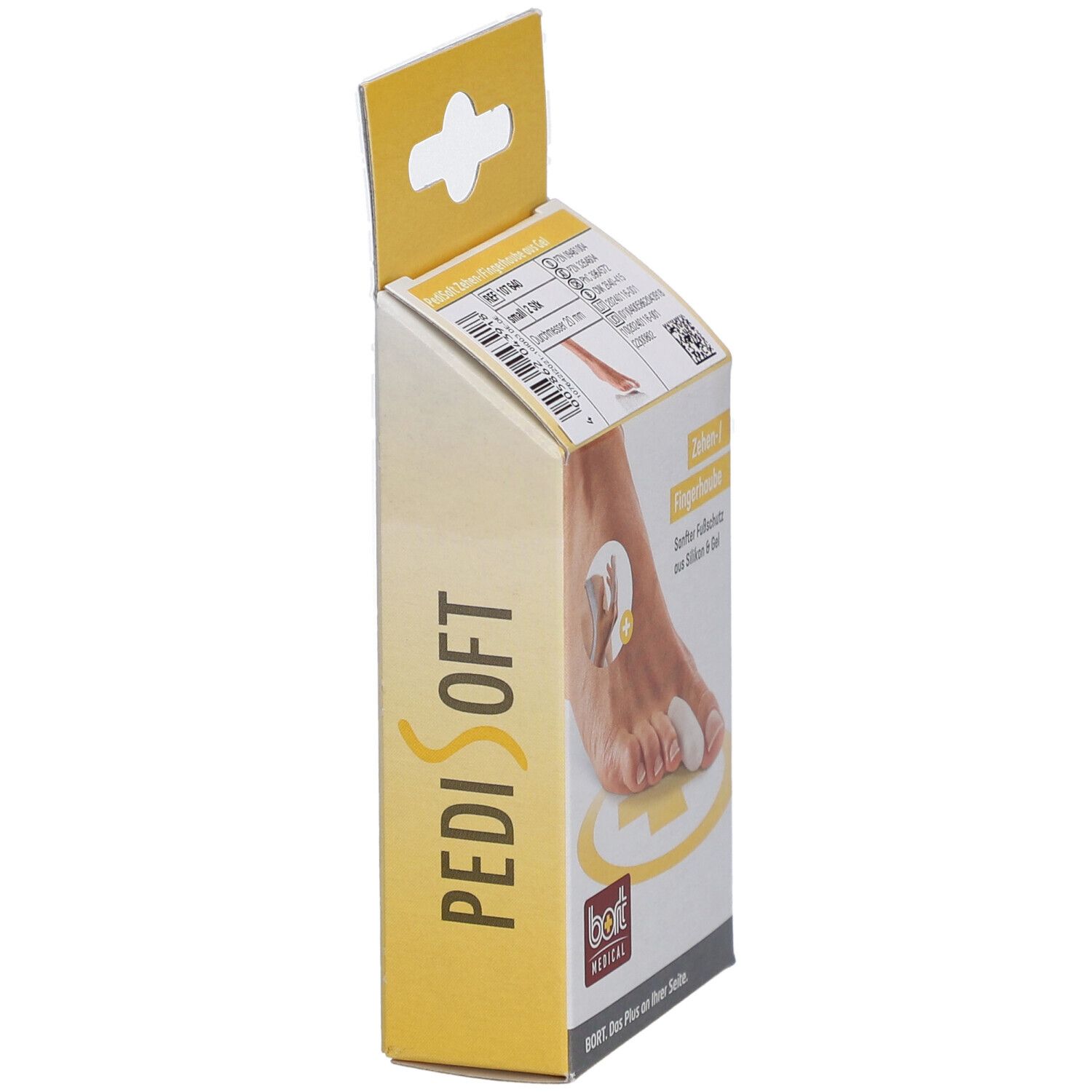 Emballage Bort PediSoft en biais. Affiche le nom du produit PediSoft. Emballage jaune et blanc avec image et texte du produit.