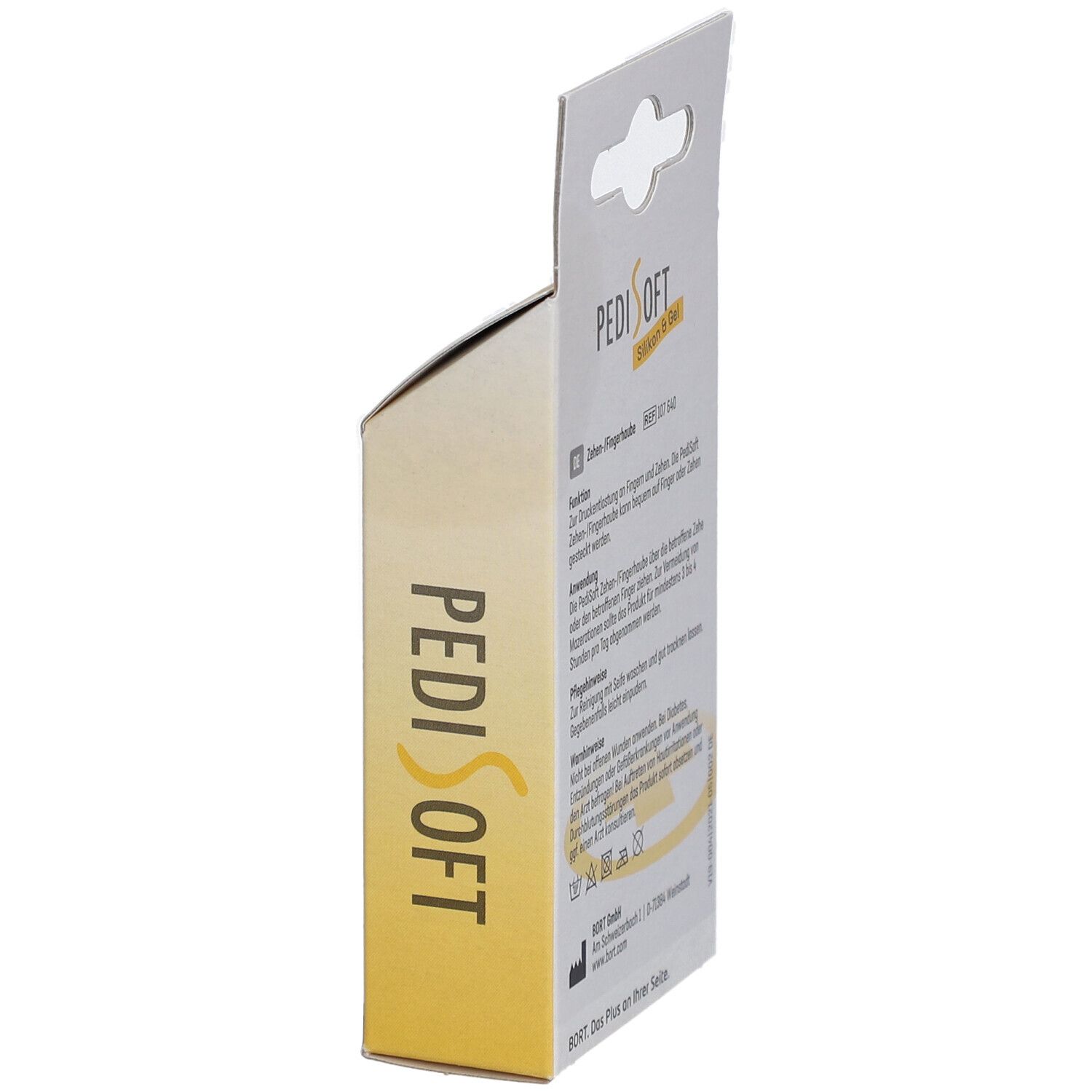 Emballage Bort PediSoft en biais. Affiche le nom du produit PediSoft. Emballage jaune et blanc avec texte.