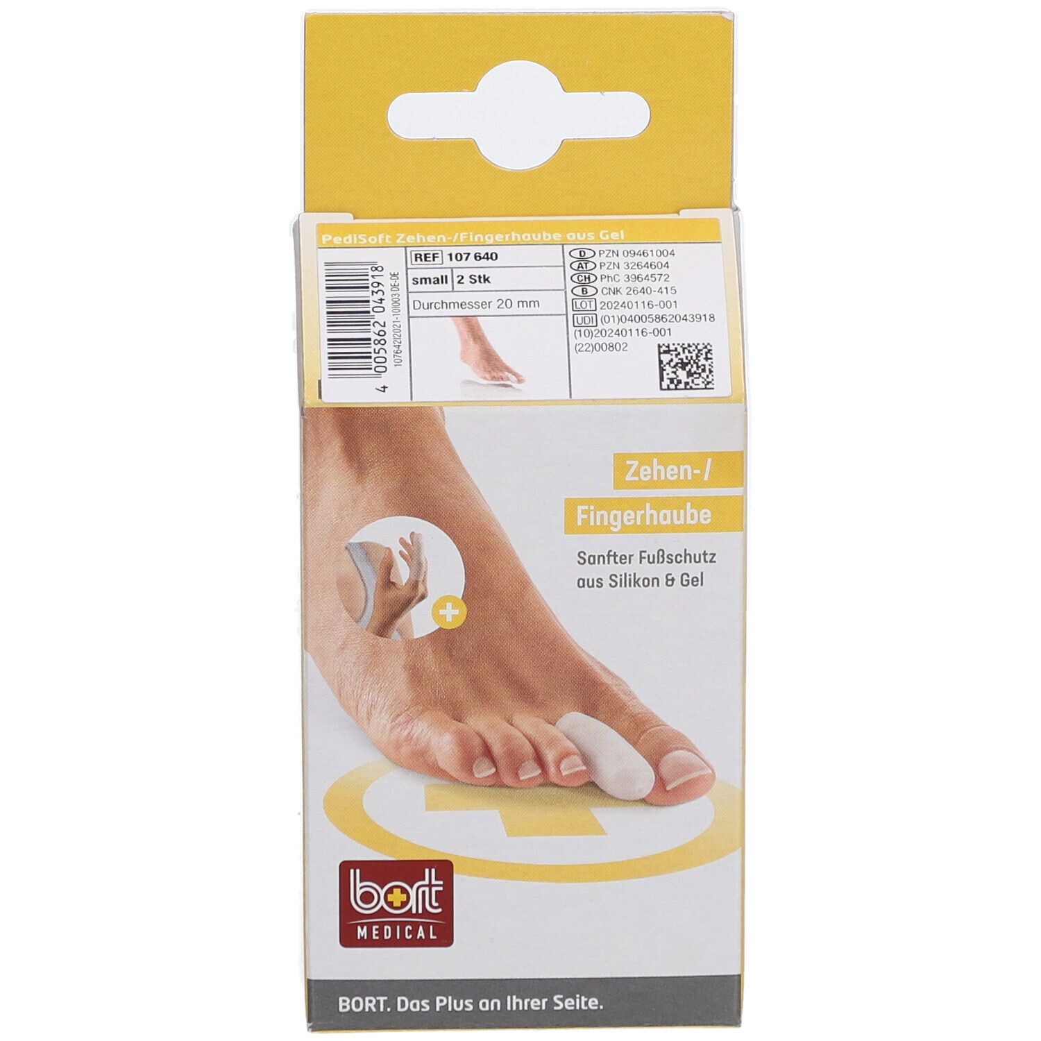 Emballage Bort PediSoft pour orteils/doigts. Montre un pied avec protection d'orteil. Emballage jaune et blanc avec image du produit.