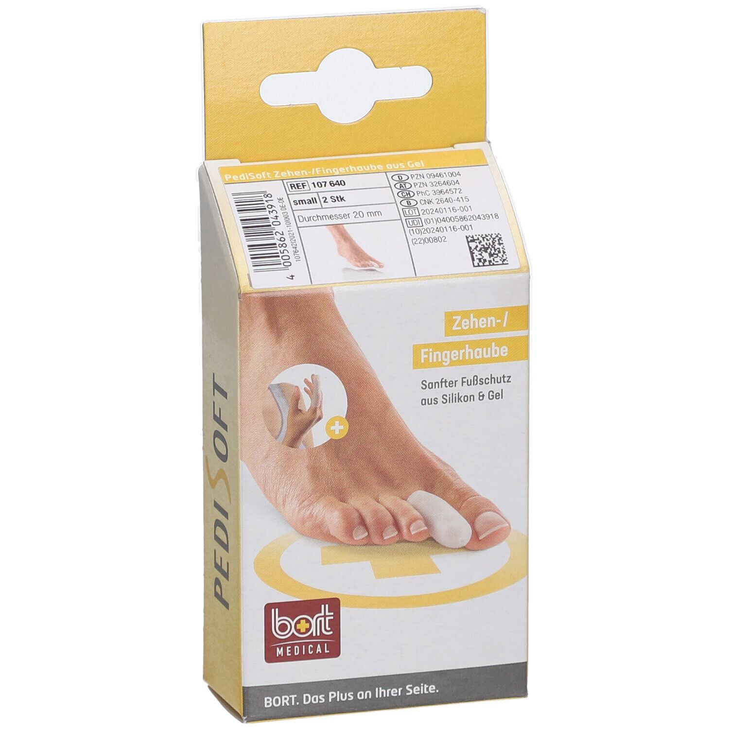 Emballage Bort PediSoft pour orteils/doigts. Montre un pied avec protection d'orteil. Emballage jaune et blanc avec image du produit.