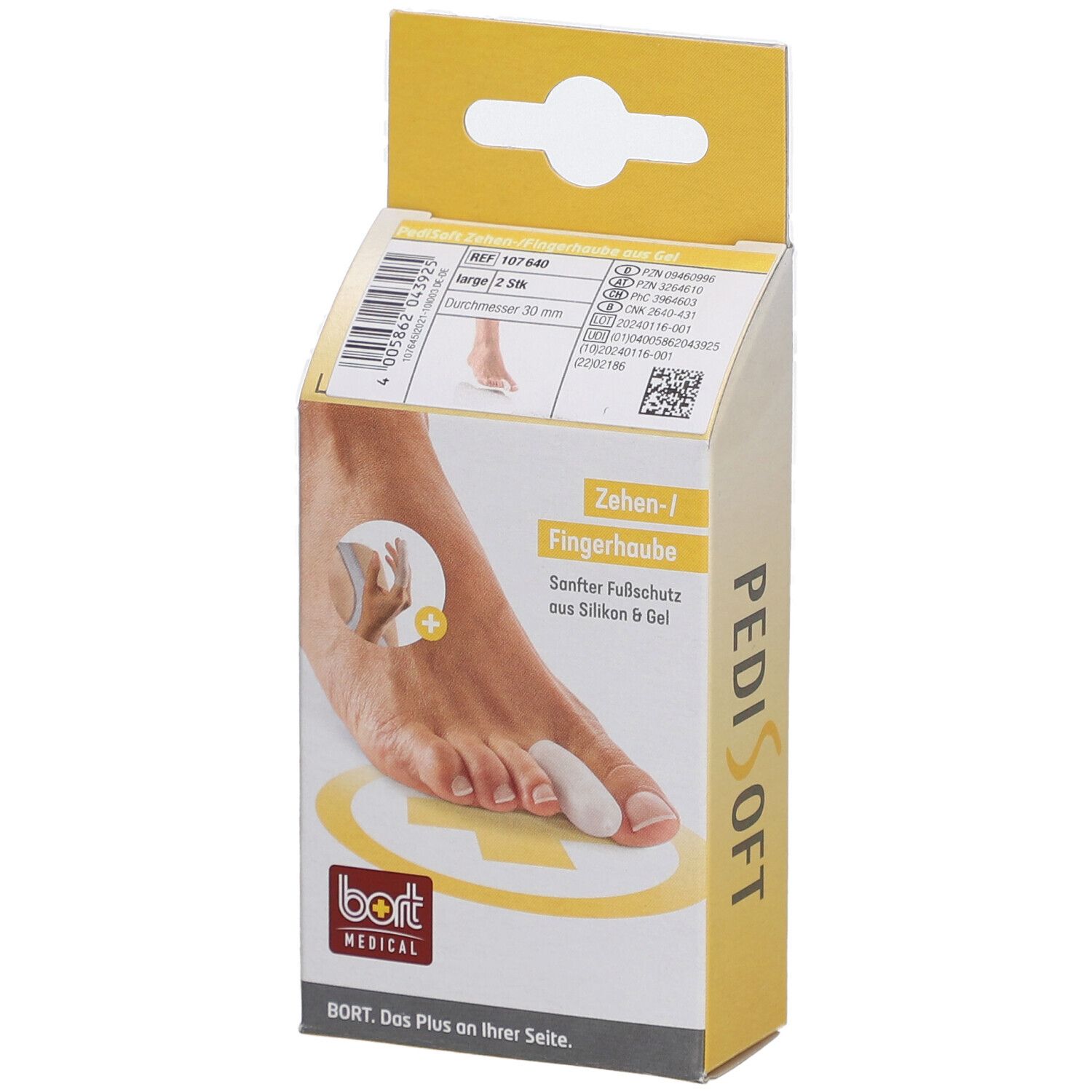 Emballage BORT PediSoft pour orteils/doigts. Impression : illustration du produit, indication de taille, logo.