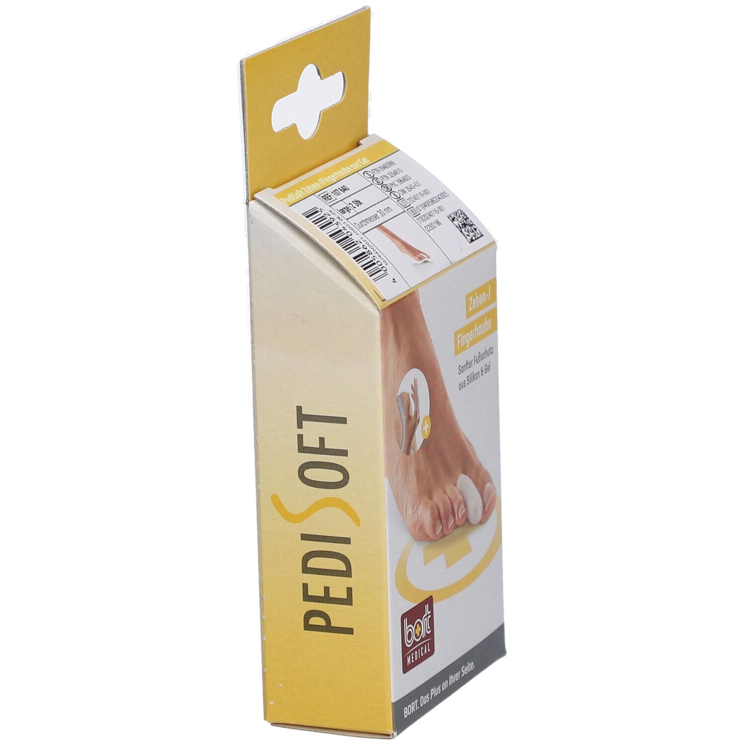 Vue latérale de l'emballage BORT PediSoft. Nom du produit, logo et illustration du produit visibles.