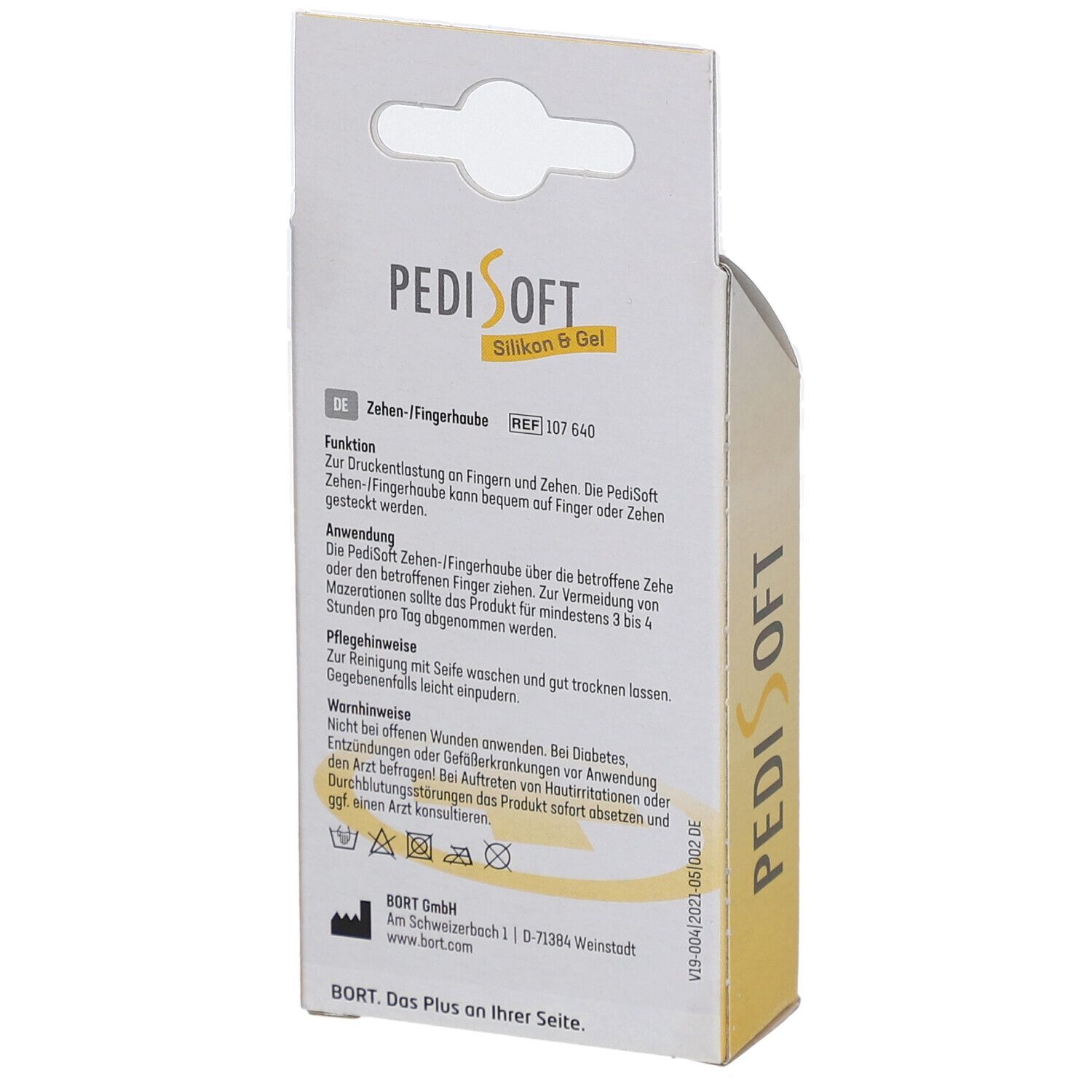 Dos de l'emballage BORT PediSoft. Informations textuelles, instructions d'entretien et coordonnées du fabricant.