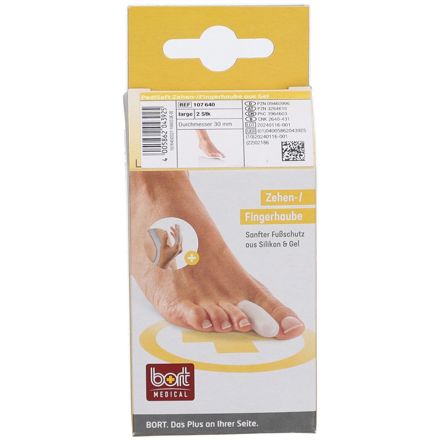 Vue de face de l'emballage BORT PediSoft. Illustration du produit, indication de taille, logo et nom du produit.