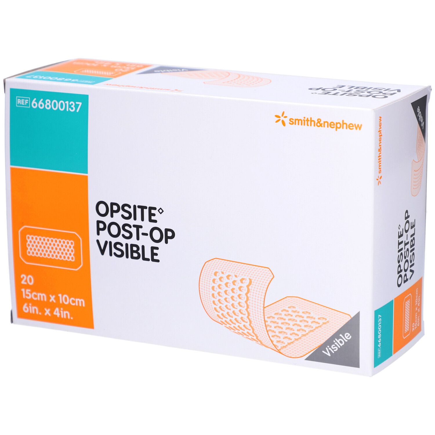 Boîte de Smith & Nephew OPSITE Post-OP. Contient 20 pansements de 15cm x 10cm. Marque et nom du produit clairement visibles.