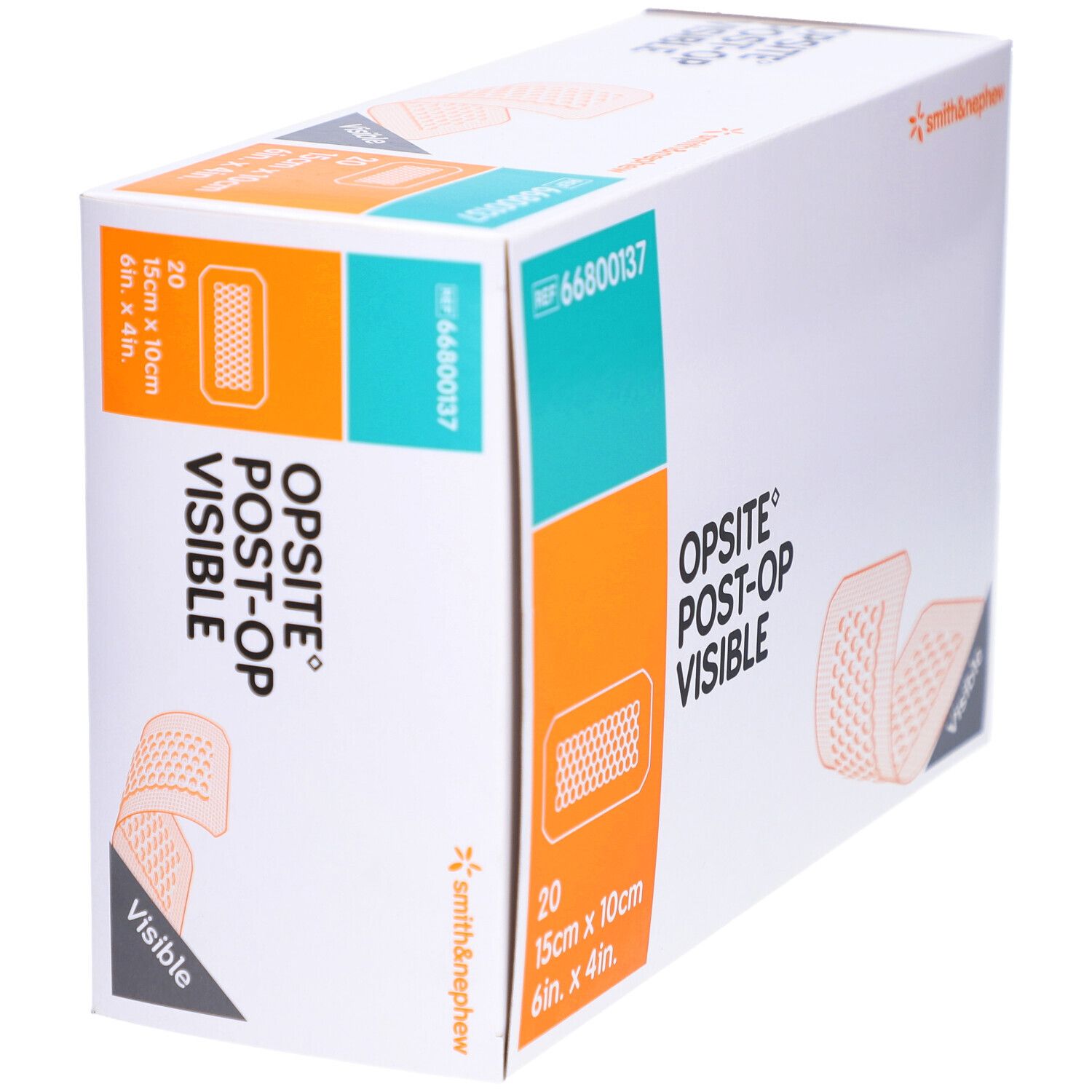 Boîte de Smith & Nephew OPSITE Post-OP. Contient 20 pansements de 15cm x 10cm. Marque et nom du produit clairement visibles.