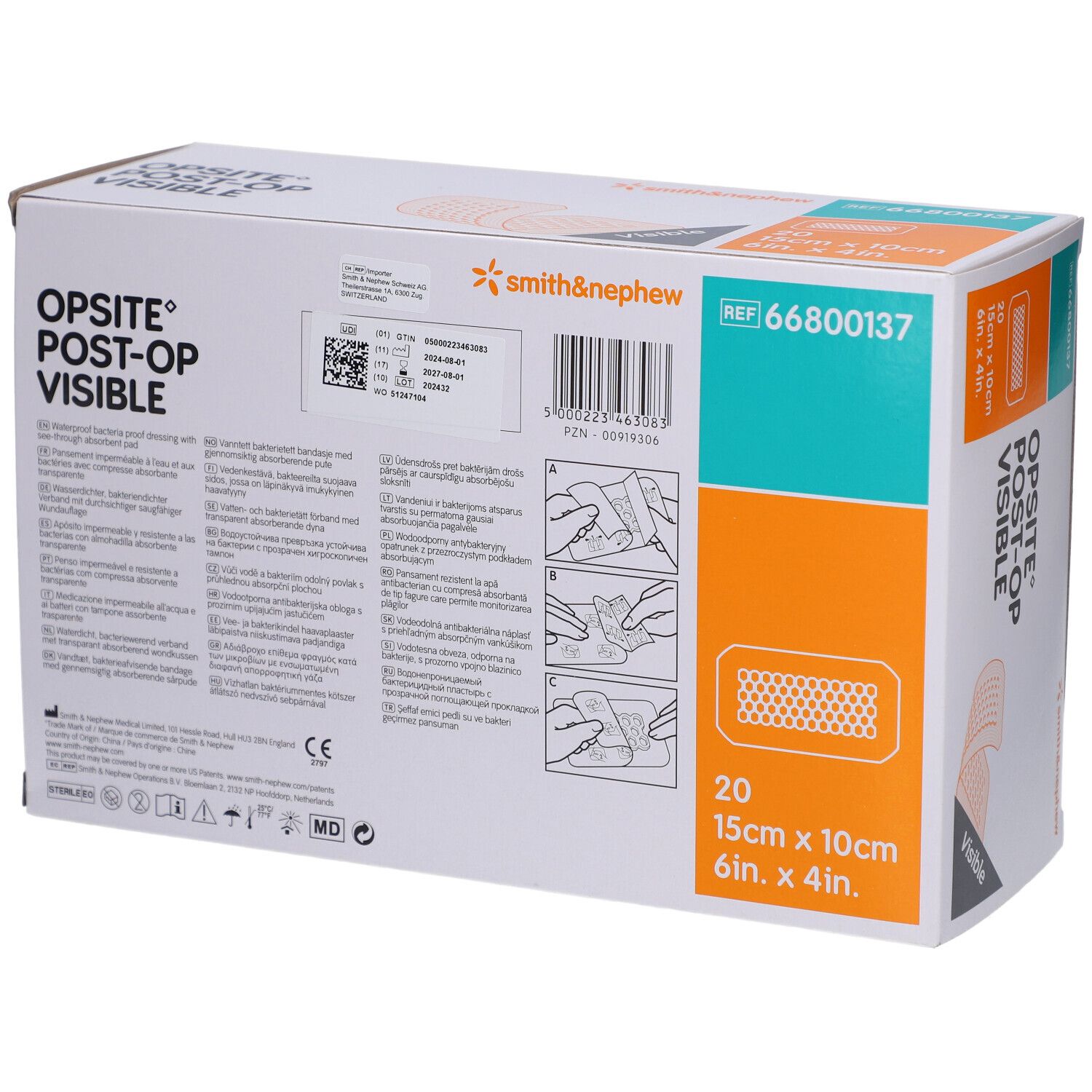Dos de la boîte Smith & Nephew OPSITE Post-OP. Contient des informations et des illustrations. Nom du produit et taille indiqués.