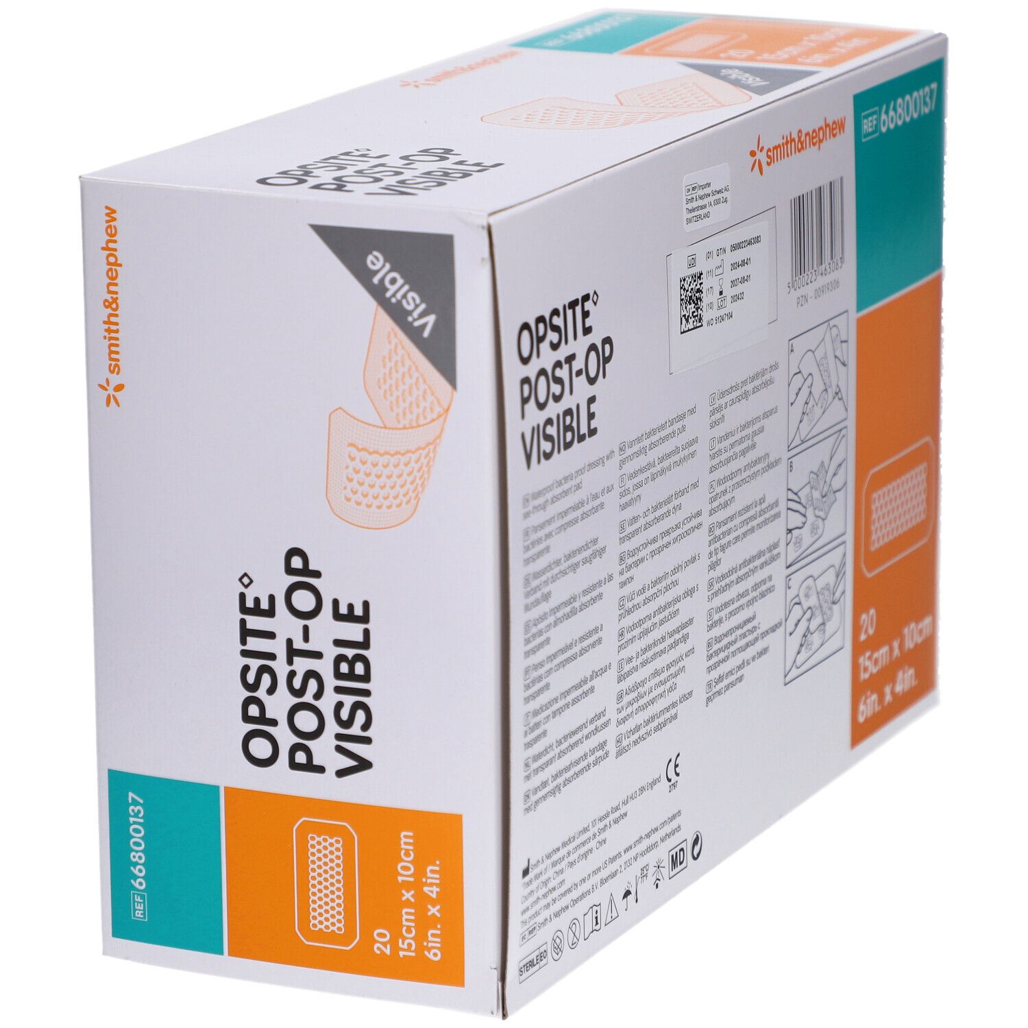 Boîte de Smith & Nephew OPSITE Post-OP. Contient 20 pansements de 15cm x 10cm. Marque et nom du produit clairement visibles.