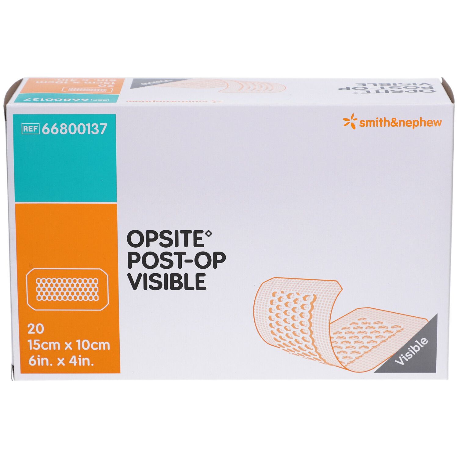 Boîte de Smith & Nephew OPSITE Post-OP. Contient 20 pansements de 15cm x 10cm. Marque et nom du produit clairement visibles.
