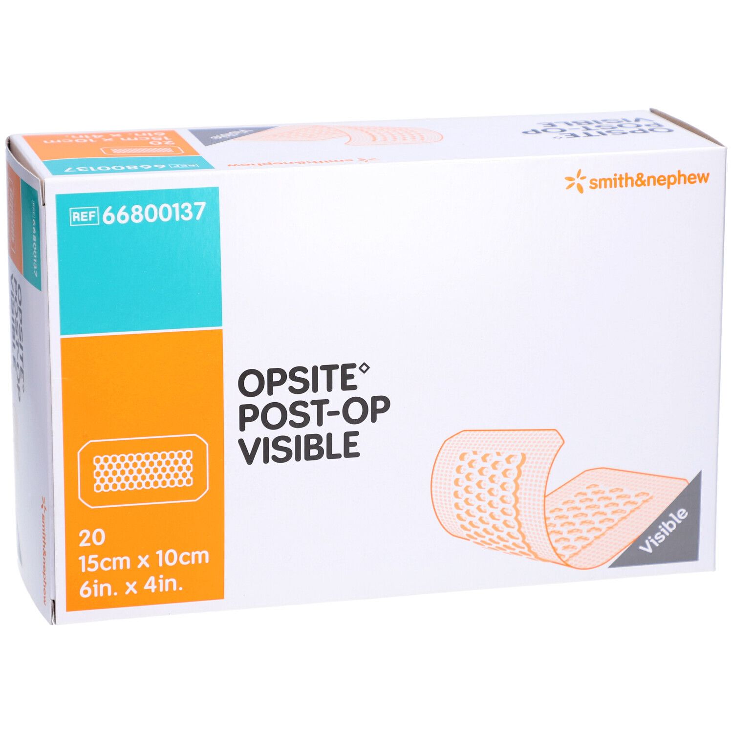Boîte de Smith & Nephew OPSITE Post-OP. Contient 20 pansements de 15cm x 10cm. Marque et nom du produit clairement visibles.