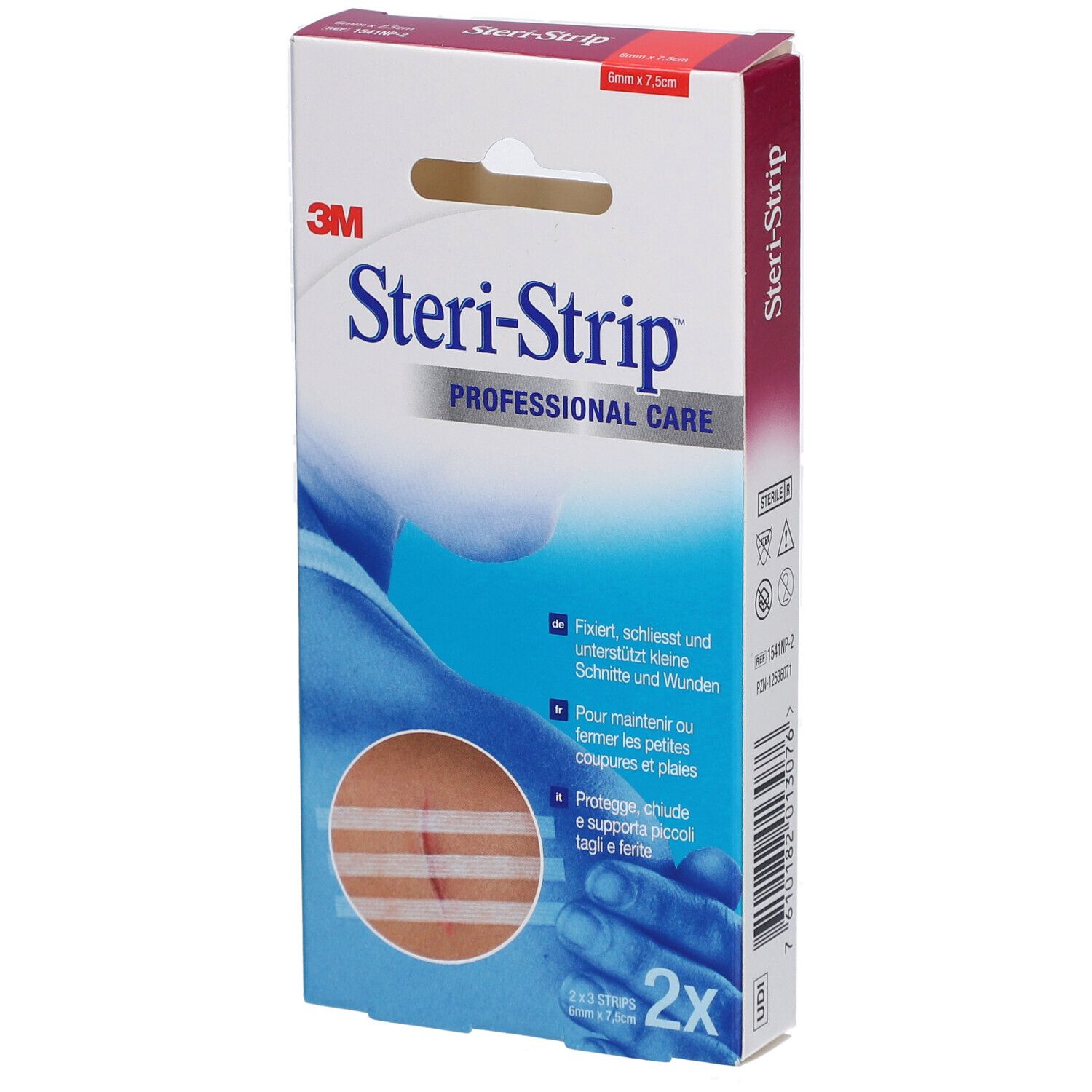 Verpackung von 3M Steri-Strip. Enthält Streifen zur Wundversorgung. Größe 6 x 75 mm. 2 Packungen.