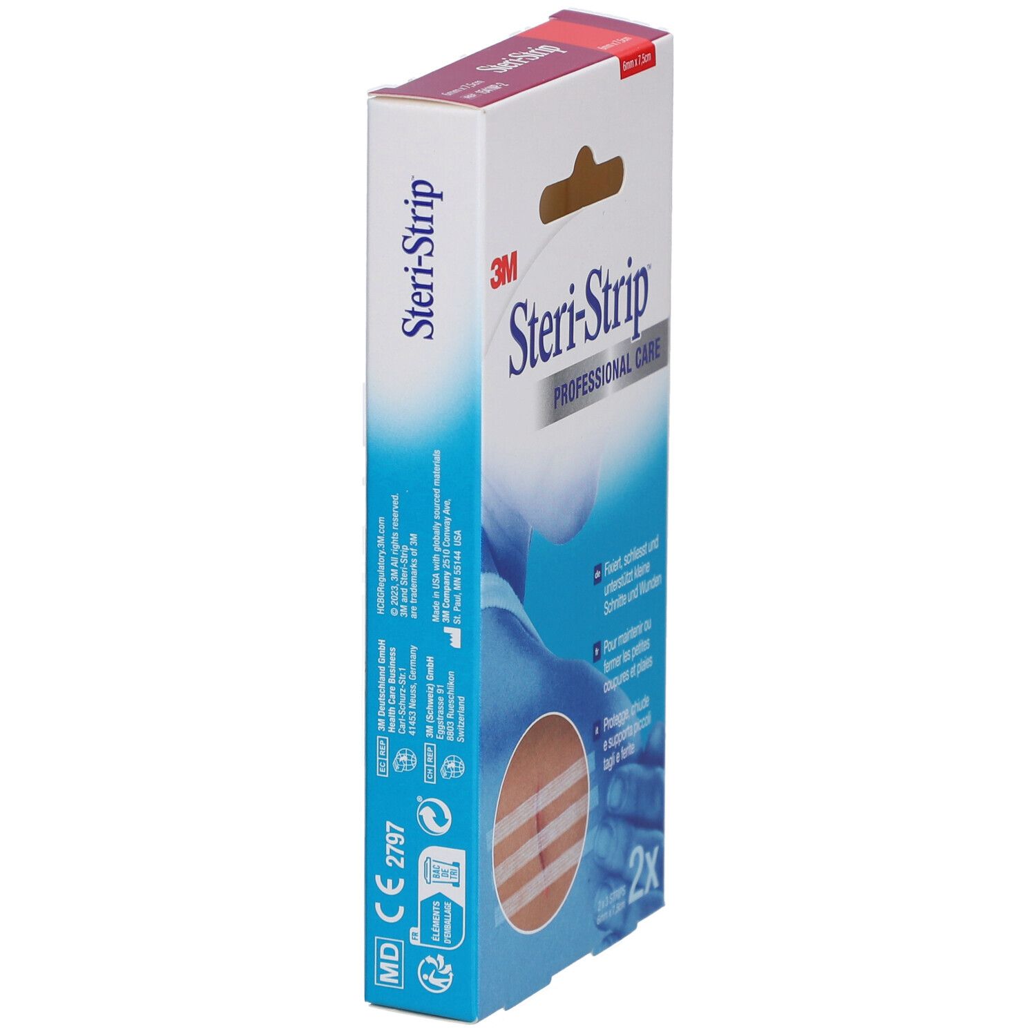 3M Steri-Strip Verpackung, Seitenansicht. Enthält Streifen zur Wundversorgung. Größe 6 x 75 mm. 2 Packungen.