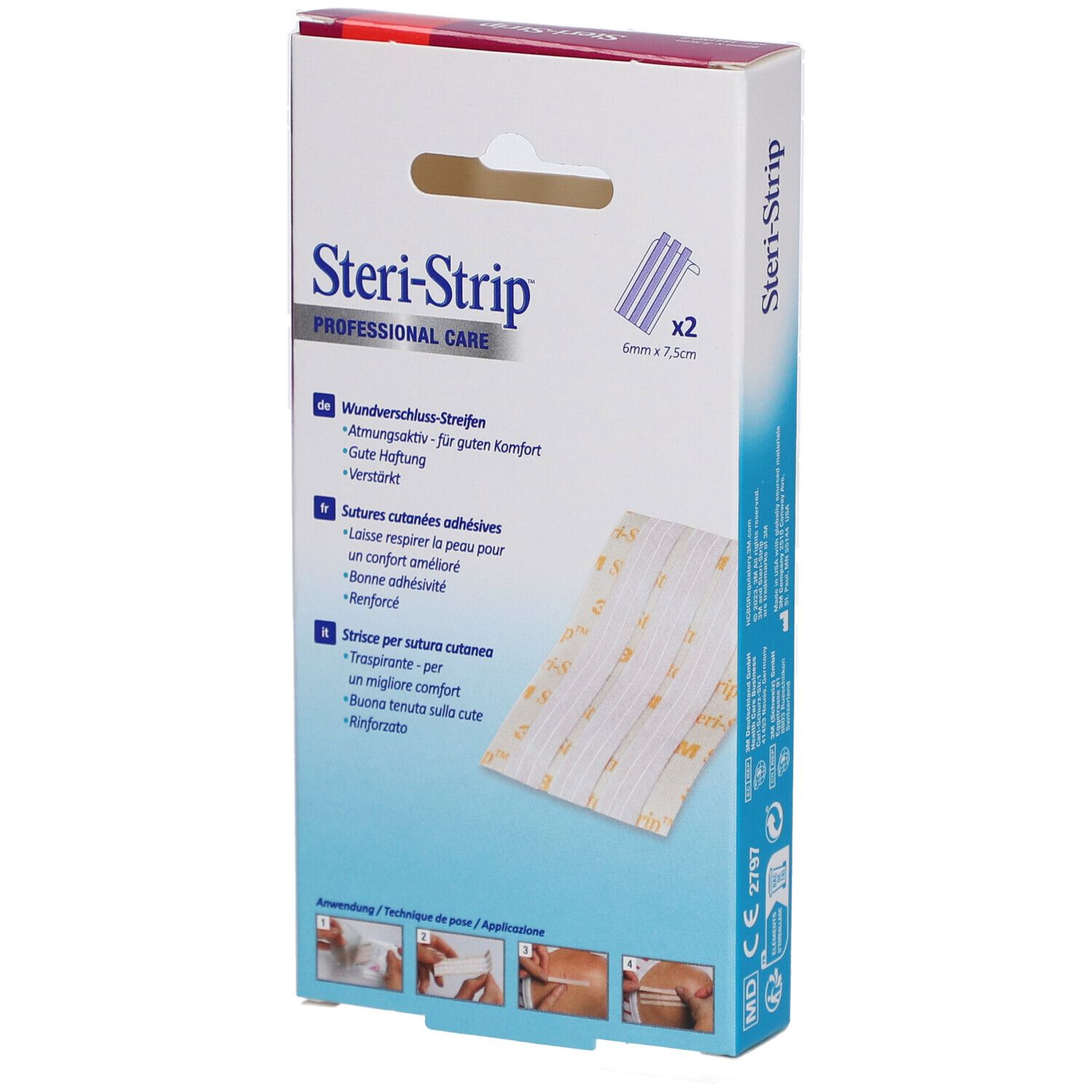 3M Steri-Strip Verpackung. Enthält Streifen zur Wundversorgung. Größe 6 x 75 mm. 2 Packungen. Rückseite mit Produktinformationen.