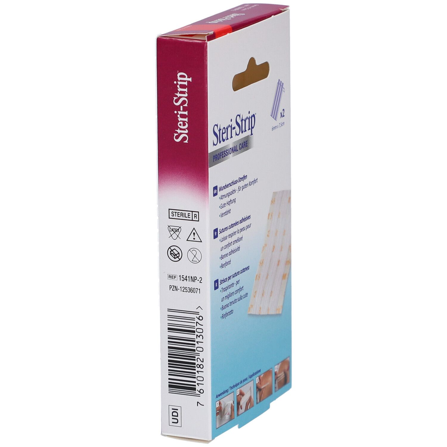 3M Steri-Strip Verpackung, Seitenansicht. Enthält Streifen zur Wundversorgung. Größe 6 x 75 mm. 2 Packungen. Rückseite.