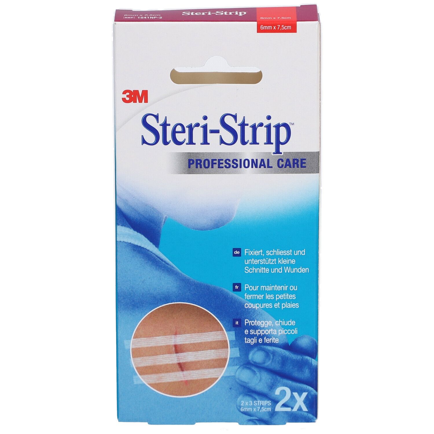 3M Steri-Strip Verpackung. Enthält Streifen zur Wundversorgung. Größe 6 x 75 mm. 2 Packungen. Produkt auf Haut abgebildet.