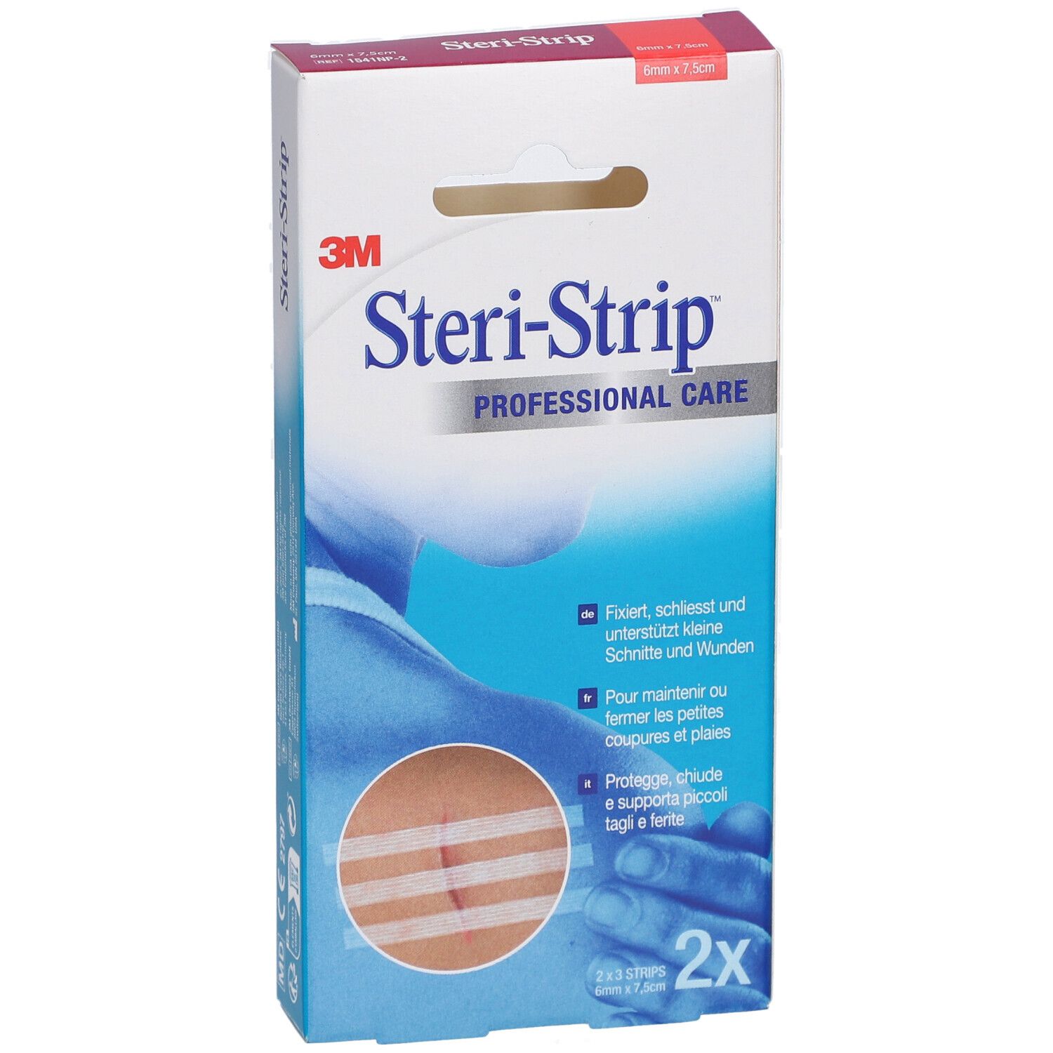 3M Steri-Strip Verpackung. Enthält Streifen zur Wundversorgung. Größe 6 x 75 mm. 2 Packungen. Produkt auf Haut abgebildet.