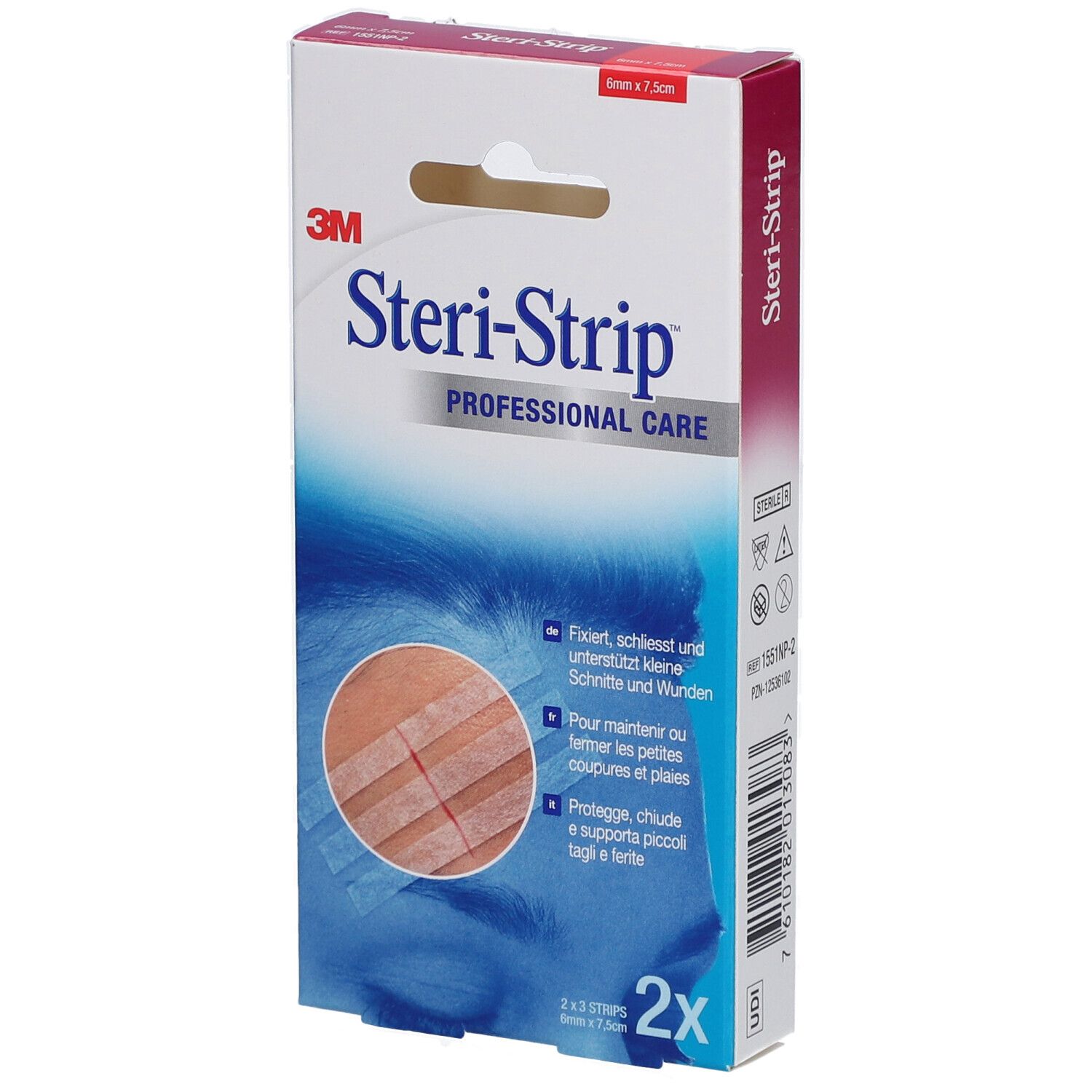 Verpackung von 3M Steri-Strip. Enthält 2 x 3 Streifen. Aufdruck: 6 mm x 75 mm. Produktname und Marke deutlich sichtbar.