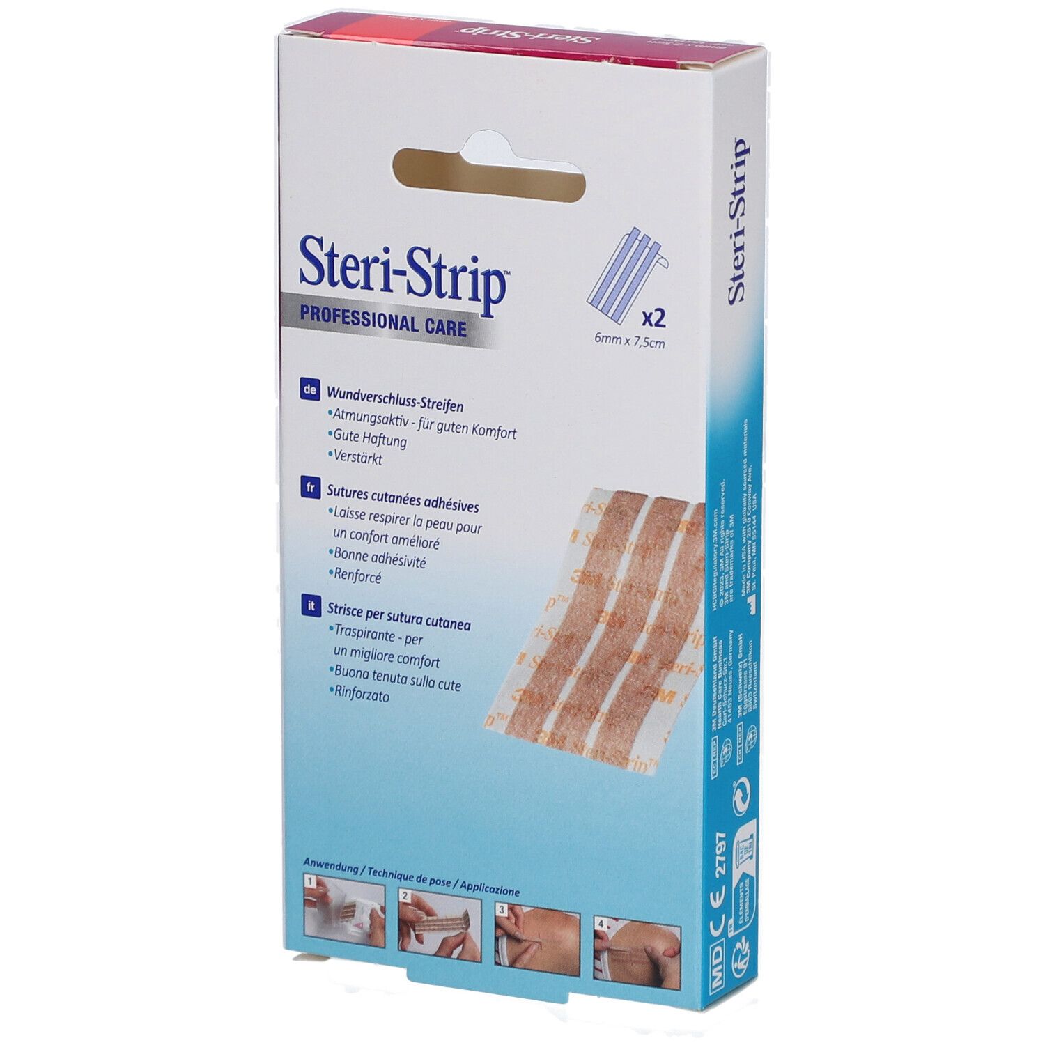 3M Steri-Strip Verpackung. Produktname und Marke sichtbar. Enthält 2 x 3 Streifen. Abbildung der Anwendung.