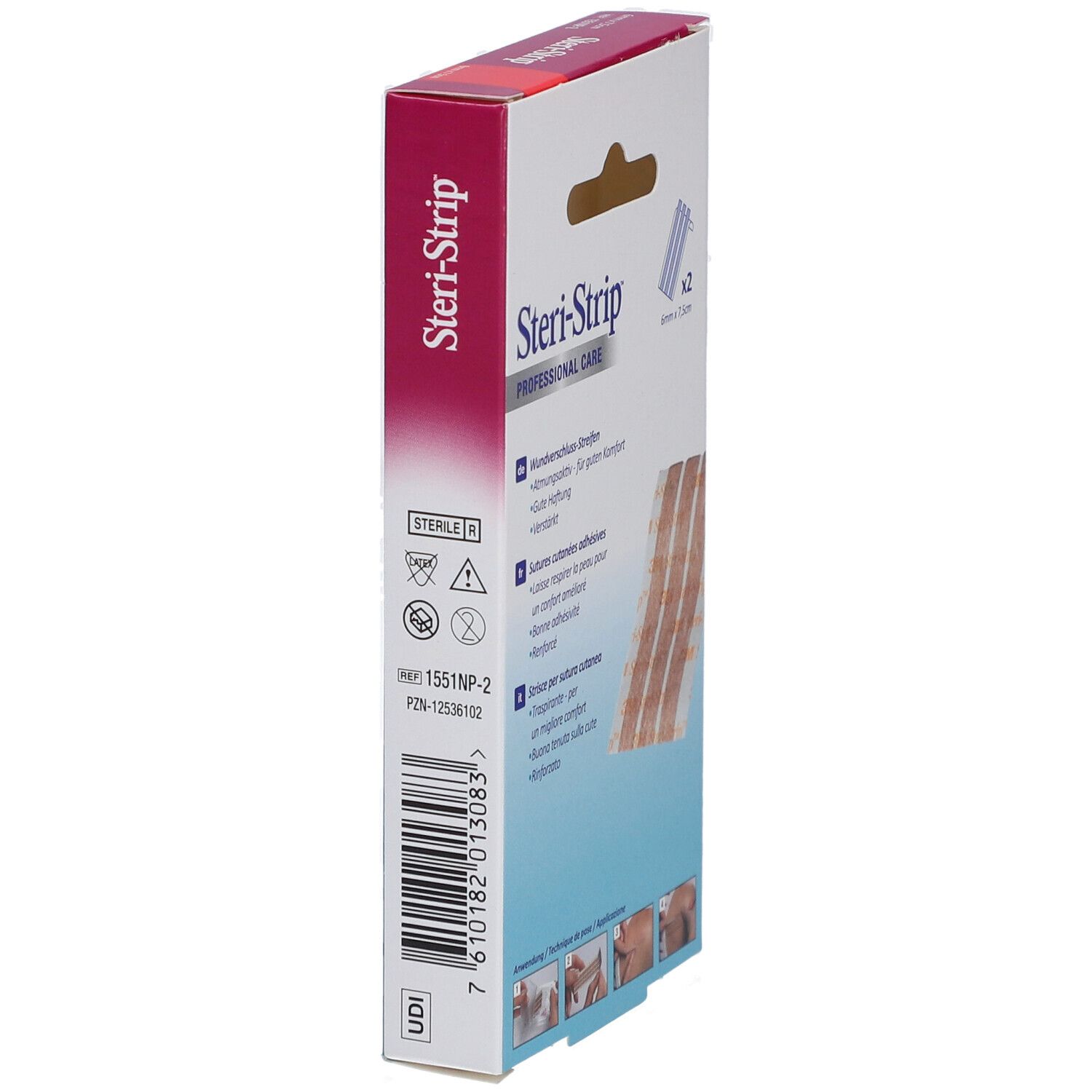 3M Steri-Strip Verpackung, Seitenansicht. Produktname und Marke sichtbar. Enthält 2 x 3 Streifen. Anwendungshinweise.