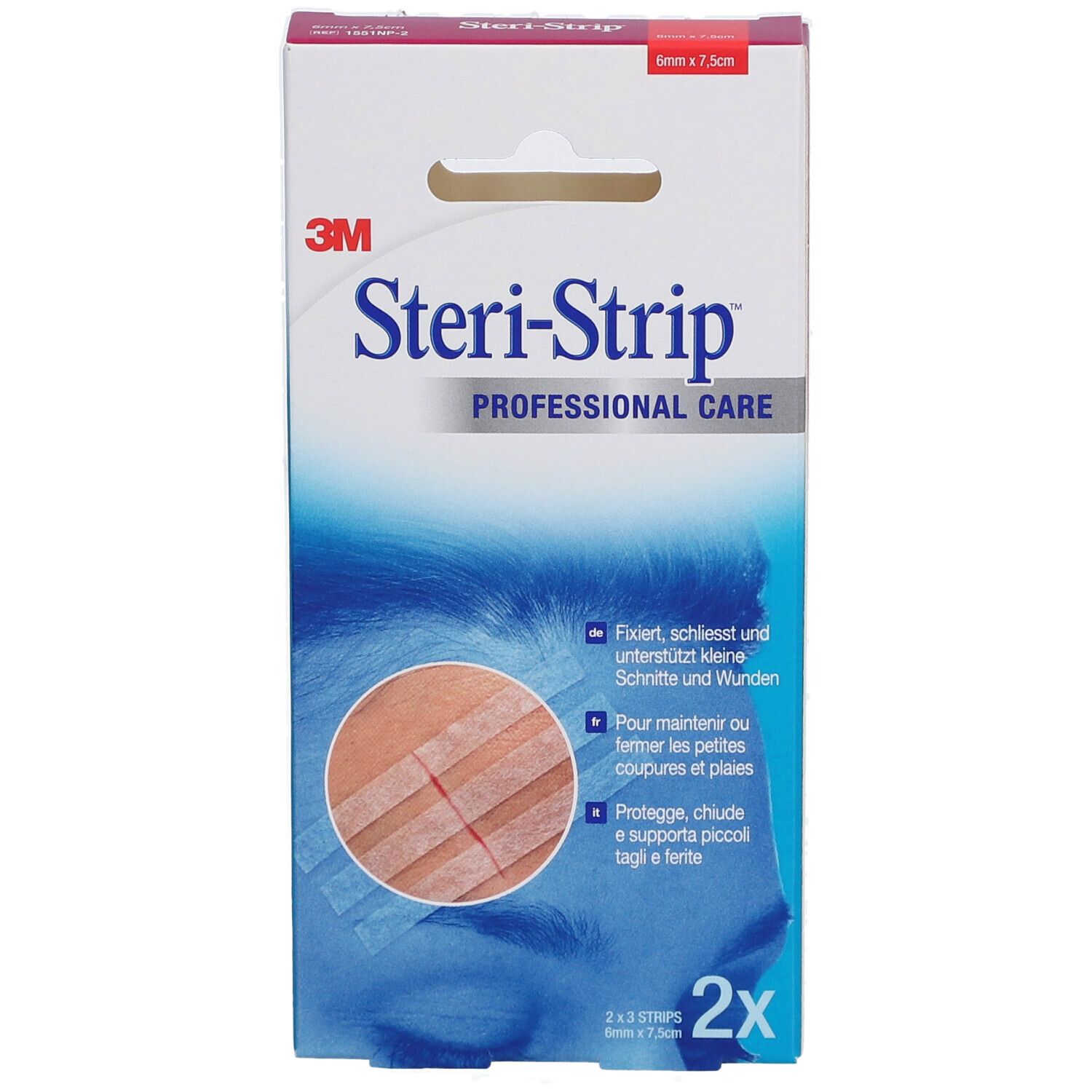 3M Steri-Strip Verpackung. Produktname und Marke sichtbar. Enthält 2 x 3 Streifen. Abbildung der Anwendung.