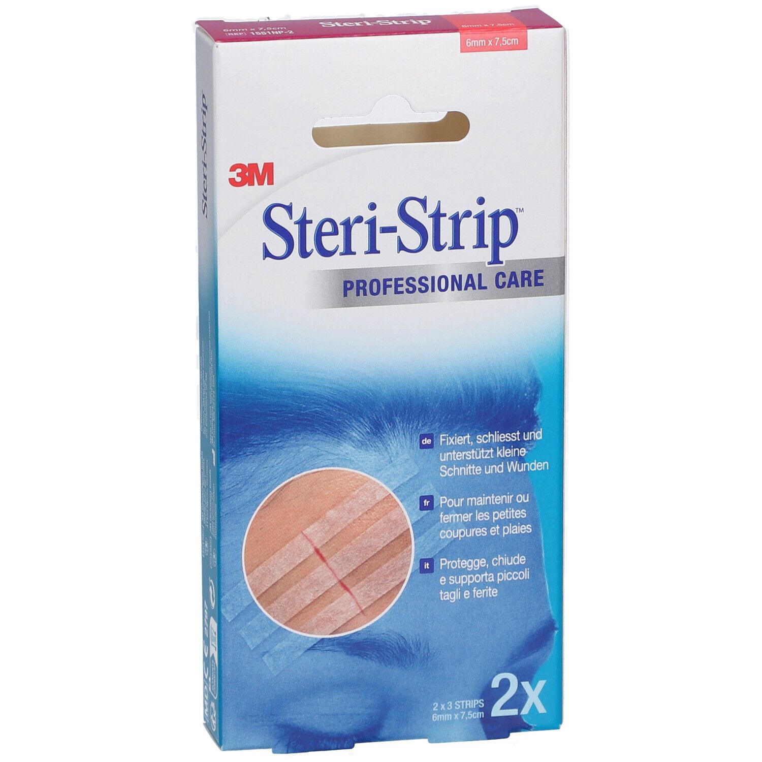 3M Steri-Strip Verpackung. Produktname und Marke sichtbar. Enthält 2 x 3 Streifen. Abbildung der Anwendung.