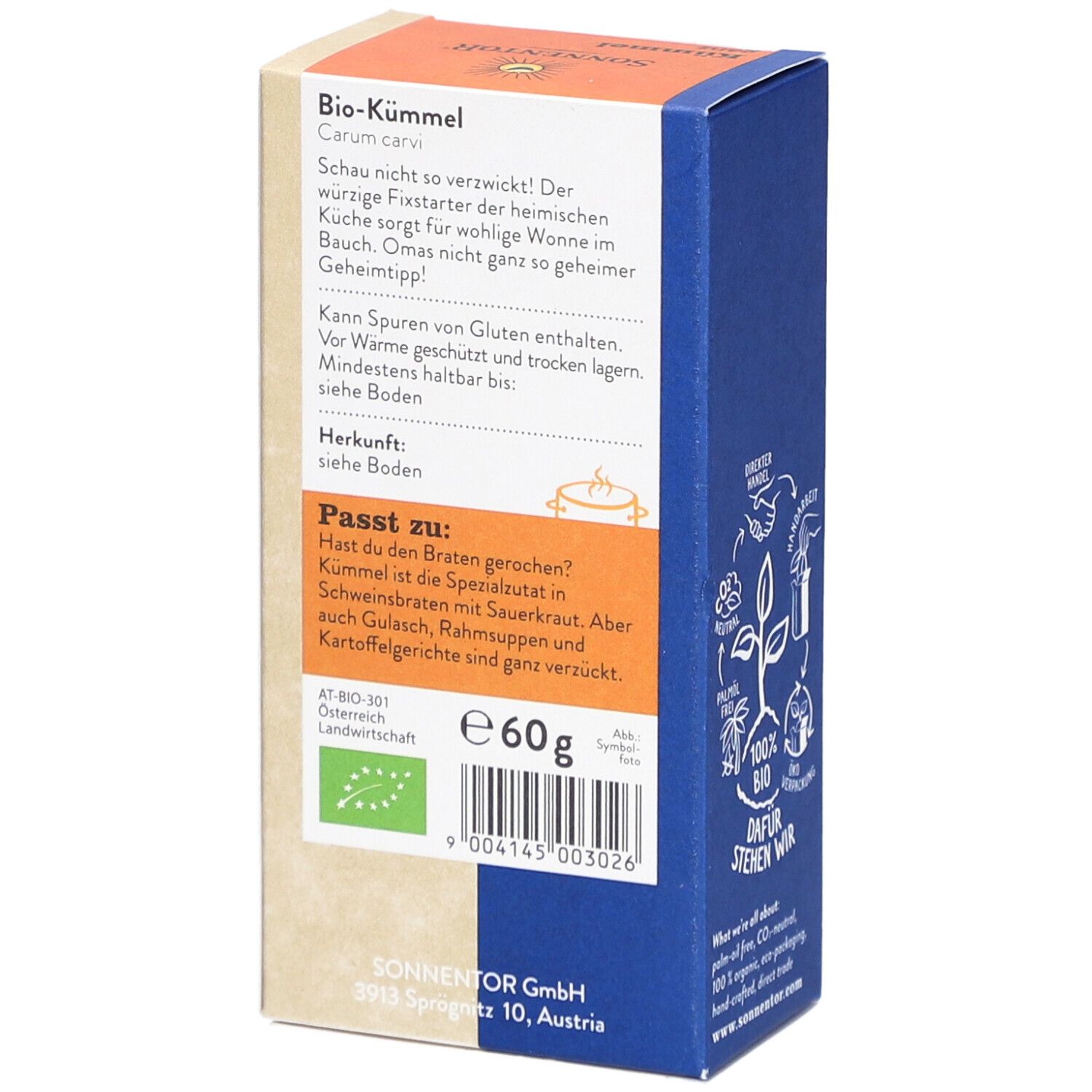 Karton mit Kümmel, bio. Seite mit Text und Bio-Siegel. E60g. Mindestens haltbar bis. AT-BIO-301.