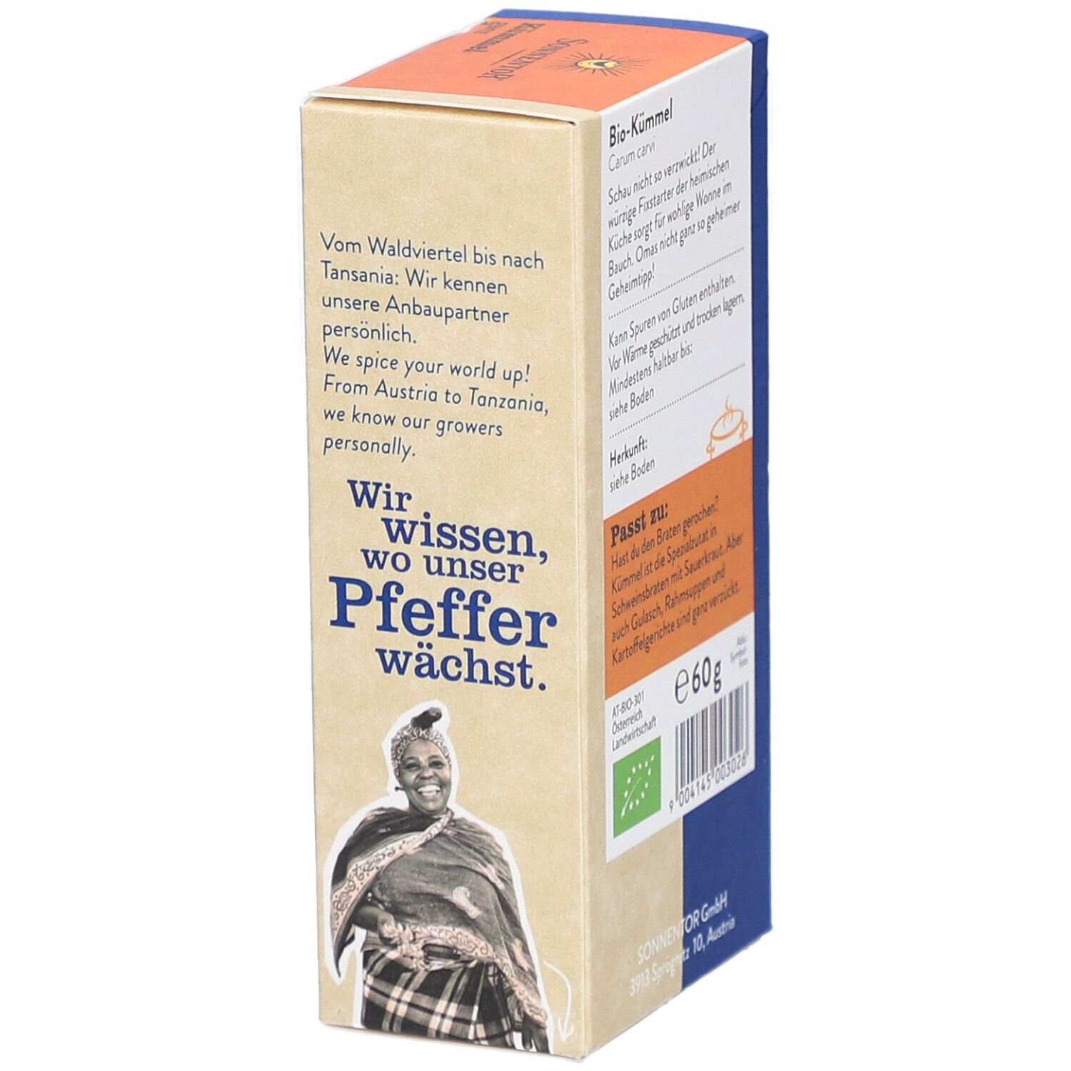 Karton mit Kümmel, bio. Seite mit Text und Logo Sonnentor. E60g. Bio-Siegel. Wir wissen, wo unser Pfeffer wächst.