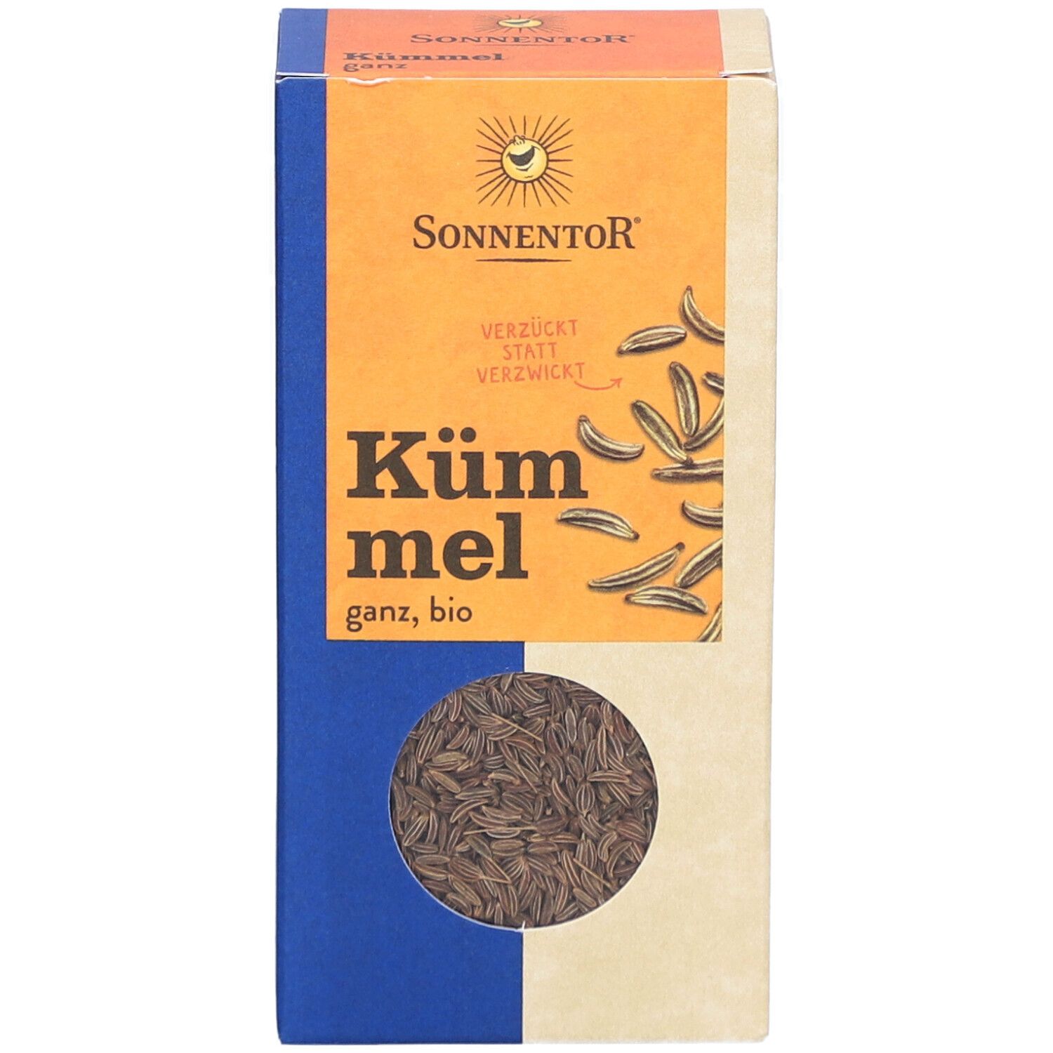 Karton mit Kümmel, bio. Sichtfenster mit Kümmelsamen. Logo Sonnentor. Text: Kümmel, ganz, bio.